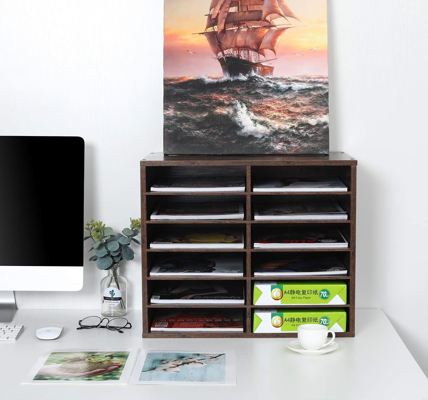 EasyPAG 12 Compartments Wooden Literature Organizer with Adjustable Shelves, 6000 Sheets Capacity Paper Organizer