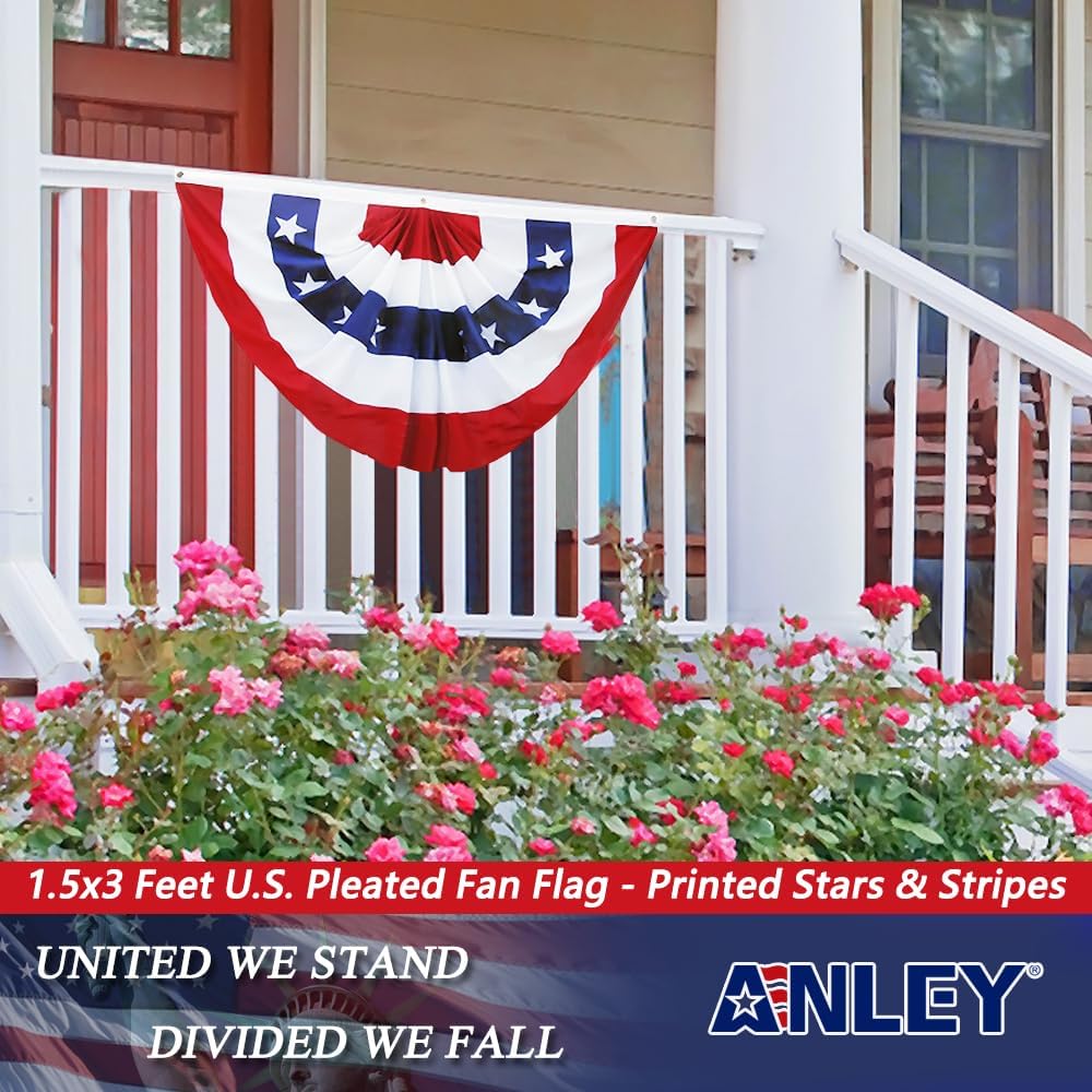 Anley US National Pleated Fan Flag, 3x6 Feet American Bunting Flags Patriotic Stars & Stripes - Sharp Color and Fade Resistant - Canvas Header and Brass Grommets - United States 3 x 6 Feet Half Fan Banner