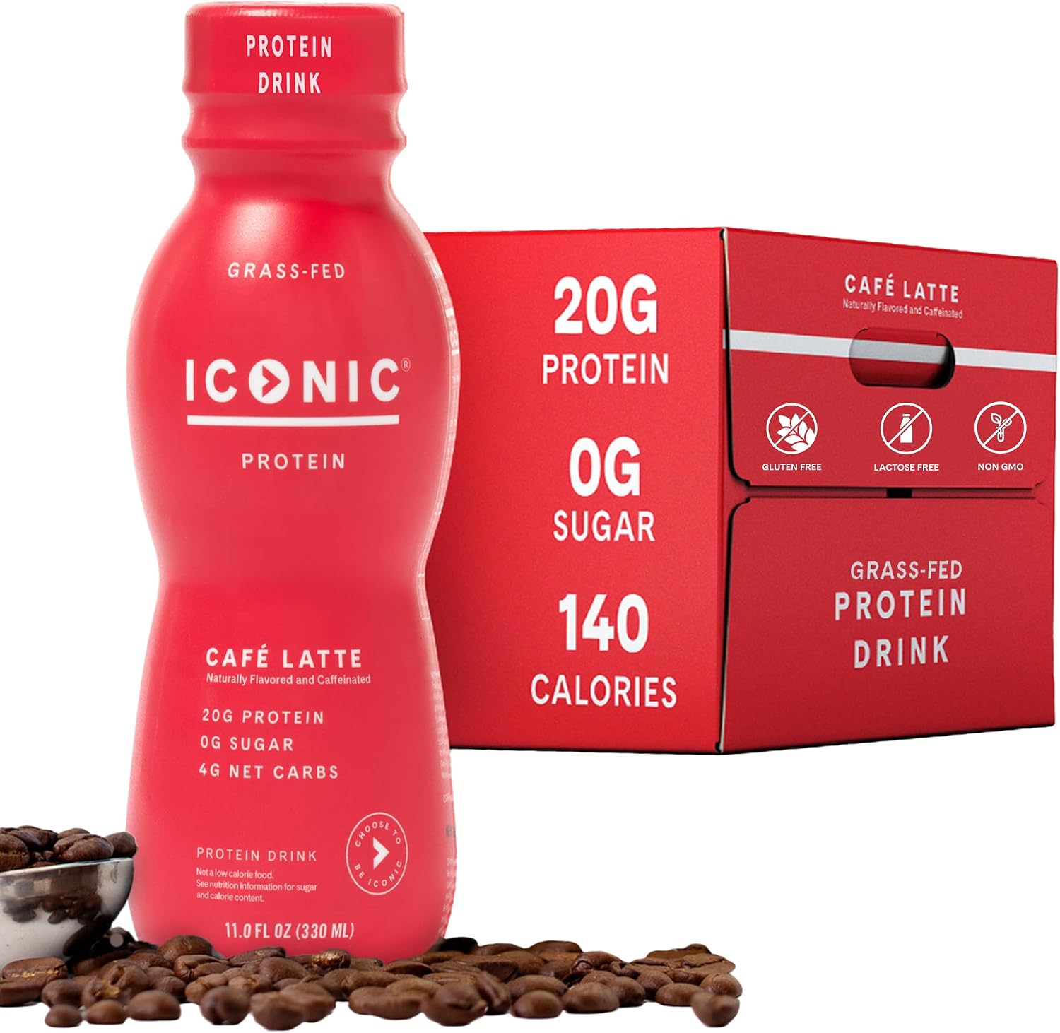 Iconic Protein Drinks, Café Latte (12 Pack) - Sugar Free & Low Carb - 20g Protein + 100mg Caffeine - Lactose Free