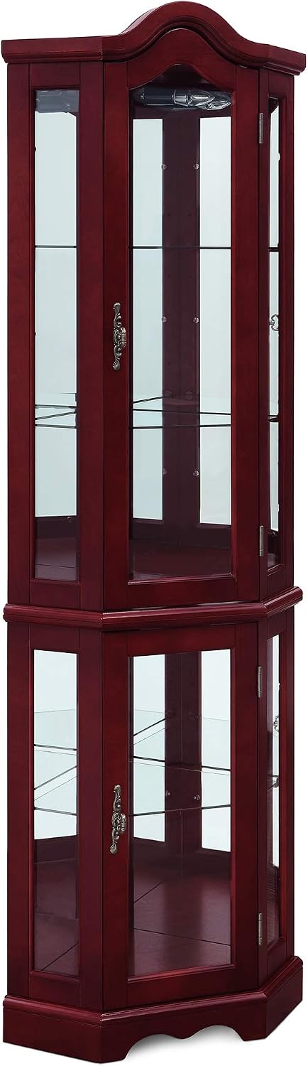 BELLEZE Lighted Corner Display Curved Top Curio Cabinet Wooden Shelving Unit with Tempered Glass Door