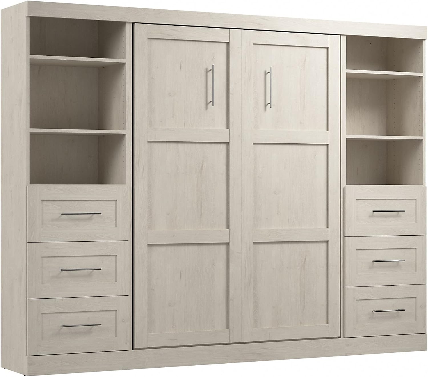 Bestar Pur Full Murphy Bed and 2 Shelving Units with Drawers, 109-inch Space-Saving Sleeping Arrangement in White | 2 Shelving Units with Drawers; supports up to 1000 lb; min. ceiling height 86.4 in.; dual piston mechanism; 10-year warranty