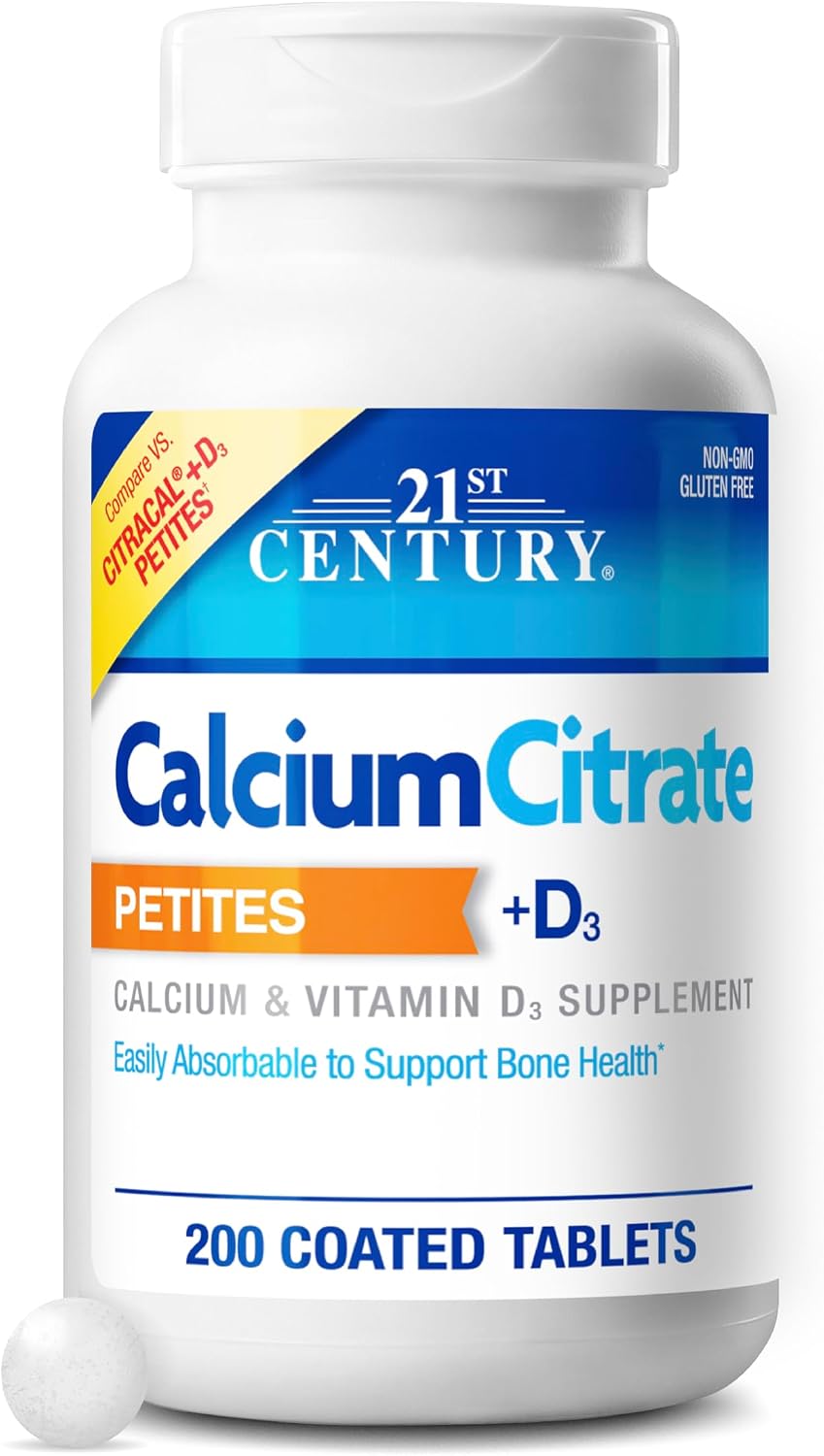 21st Century Calcium Citrate + D3 Petites, Easy to Swallow, 200 Count | Highly Absorbable Calcium Citrate with Vitamin D3