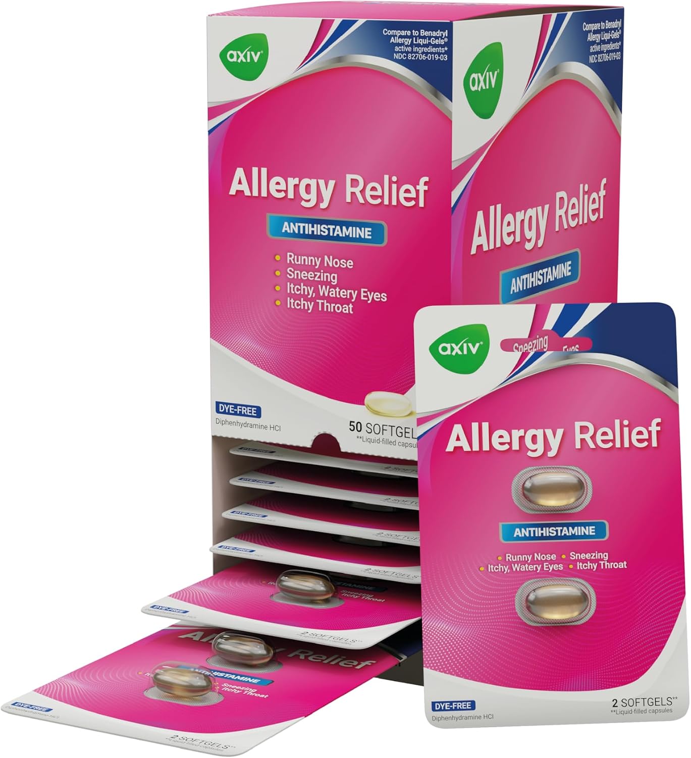 AXIV Allergy Relief Softgels, Antihistamine Medicine & Cold Symptom Relief, Dye-Free Liquid Gels, 25 mg Diphenhydramine HCl, Runny Nose, Sneezing, 24 Count (24 Softgels)