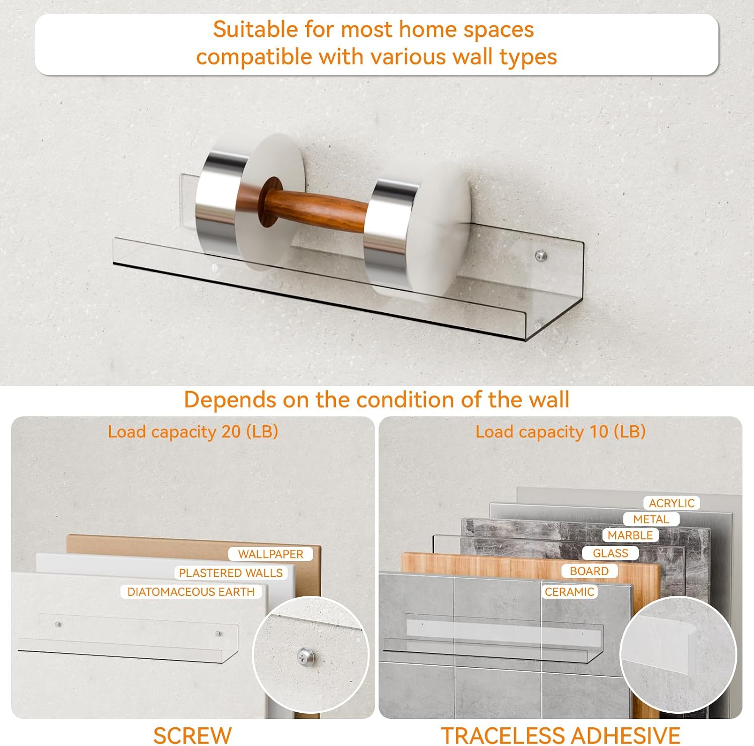 2 Pack Clear Acrylic Shelves for Wall with Adhesive, 15 Inch No Drill Floating Shelves for Bathroom, Bedroom, Renter Friendly, Kids Room Bookshelf