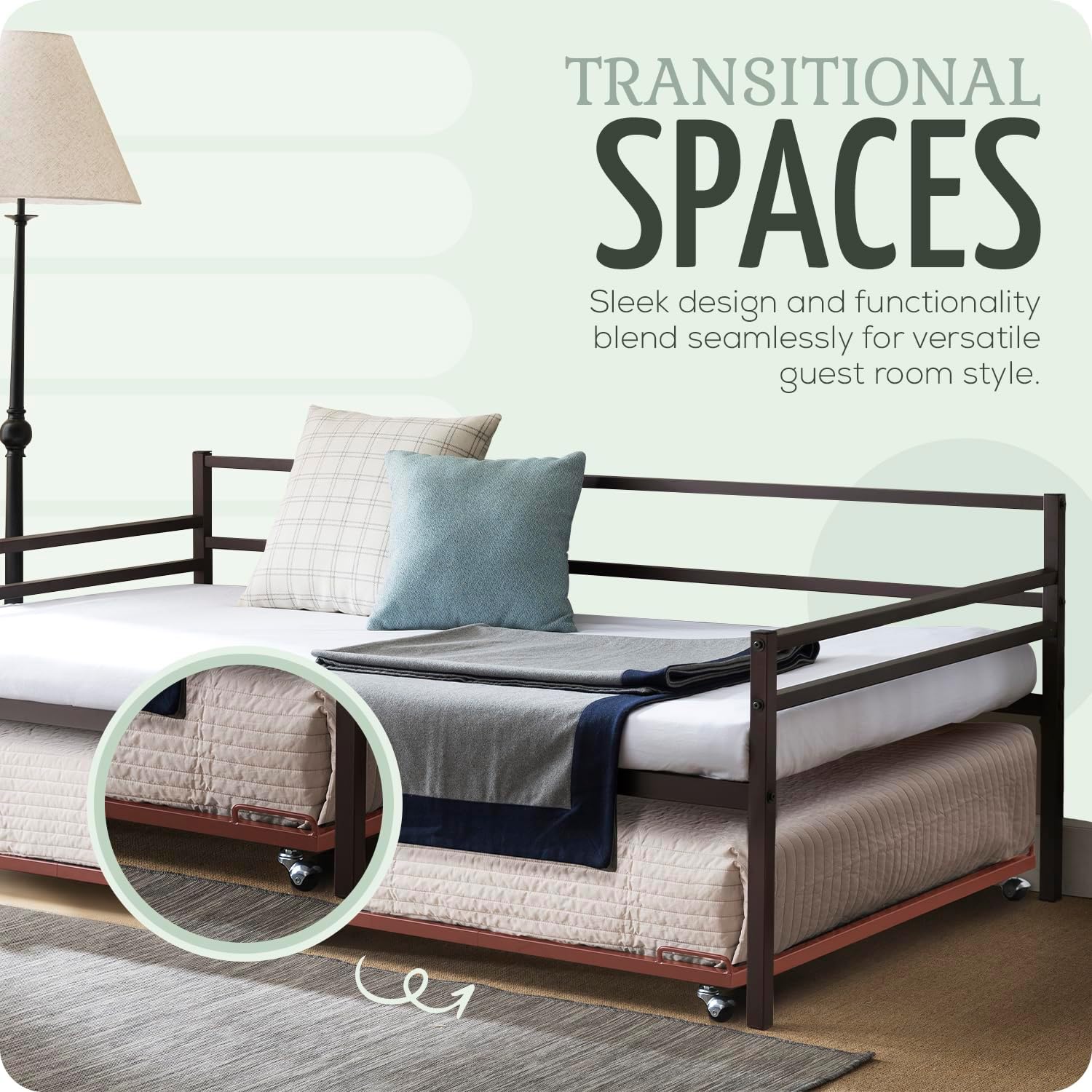 2K Furniture Designs - Twin Size Black Metal Roll Out Trundle Bed Frame for Daybed | Space-Saving Guest Bed - Slides Under Daybeds for Overnight Visitors, Dorms, and Small Spaces