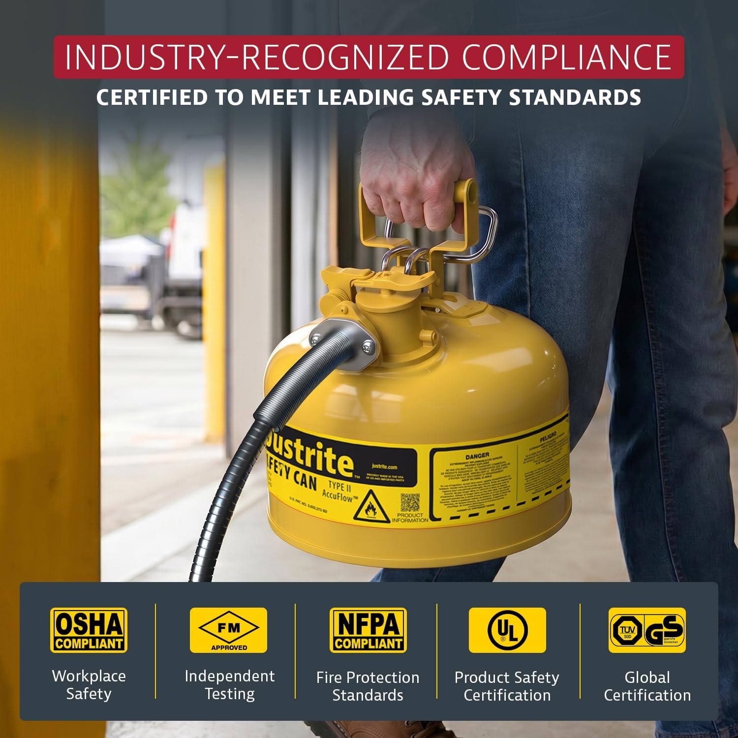 Justrite Type II Diesel Fuel Can, Yellow Galvanized Steel, FM Approved | Flammable Liquid Storage Can with Controlled Pouring, 2 Gallon Capacity