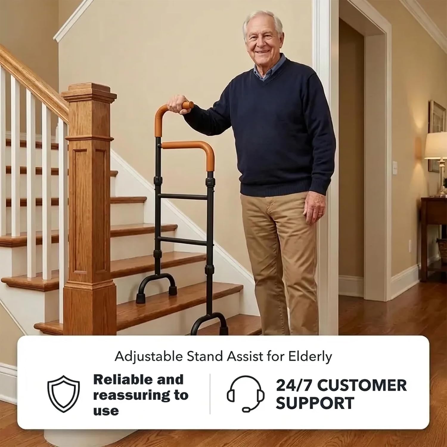 Stair Assist Cane for Seniors, 13-Level Adjustable Height | Portable Lightweight, Slip-Resistant, Mobility Aid for Elderly, Post-Surgery