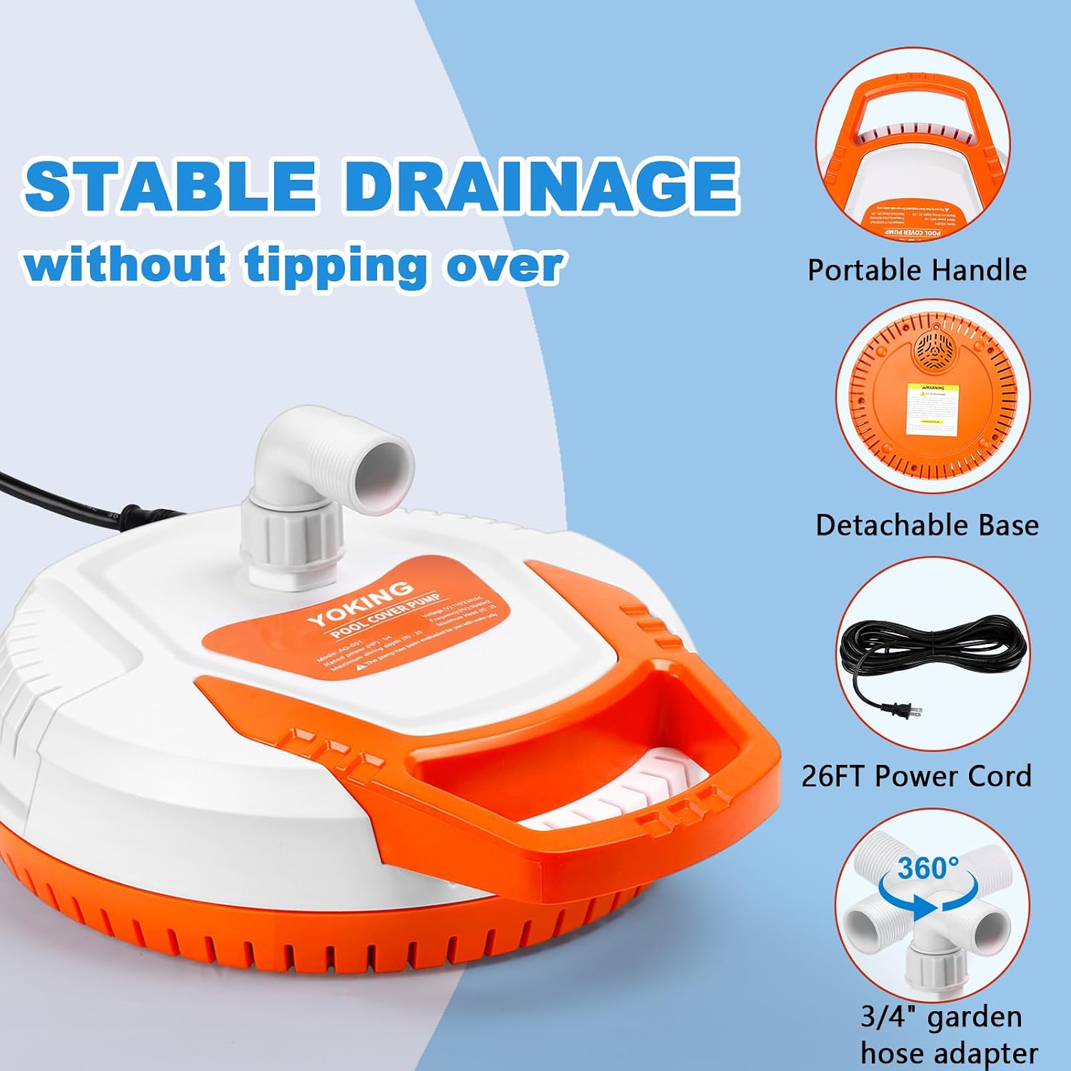 YOKING Automatic Pool Cover Pump, 1/4 HP 1500GPH Swimming Pool Submersible Water Sump Pump