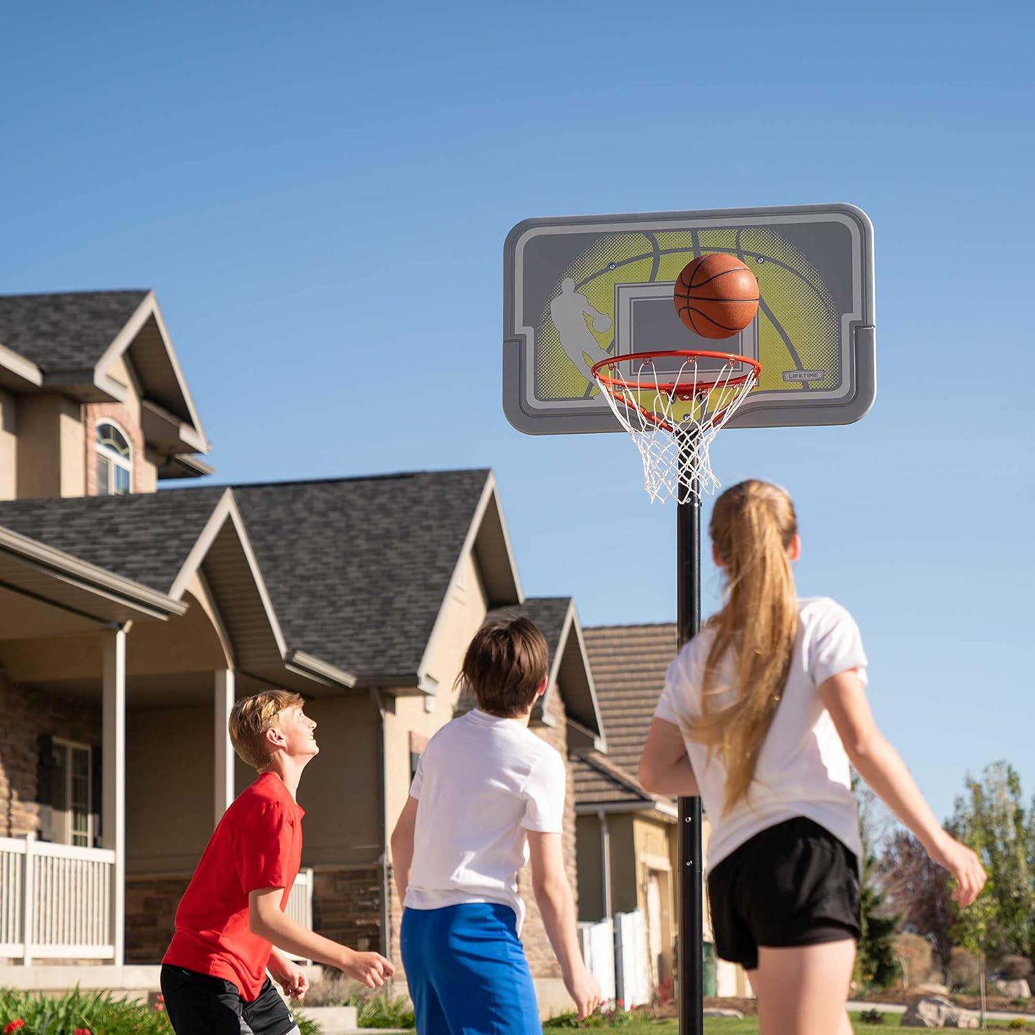 Lifetime 90992 Full-Size Height Adjustable Portable Basketball Hoop, 7.5 to 10 Foot Telescoping Adjustment, 44-Inch Impact Backboard