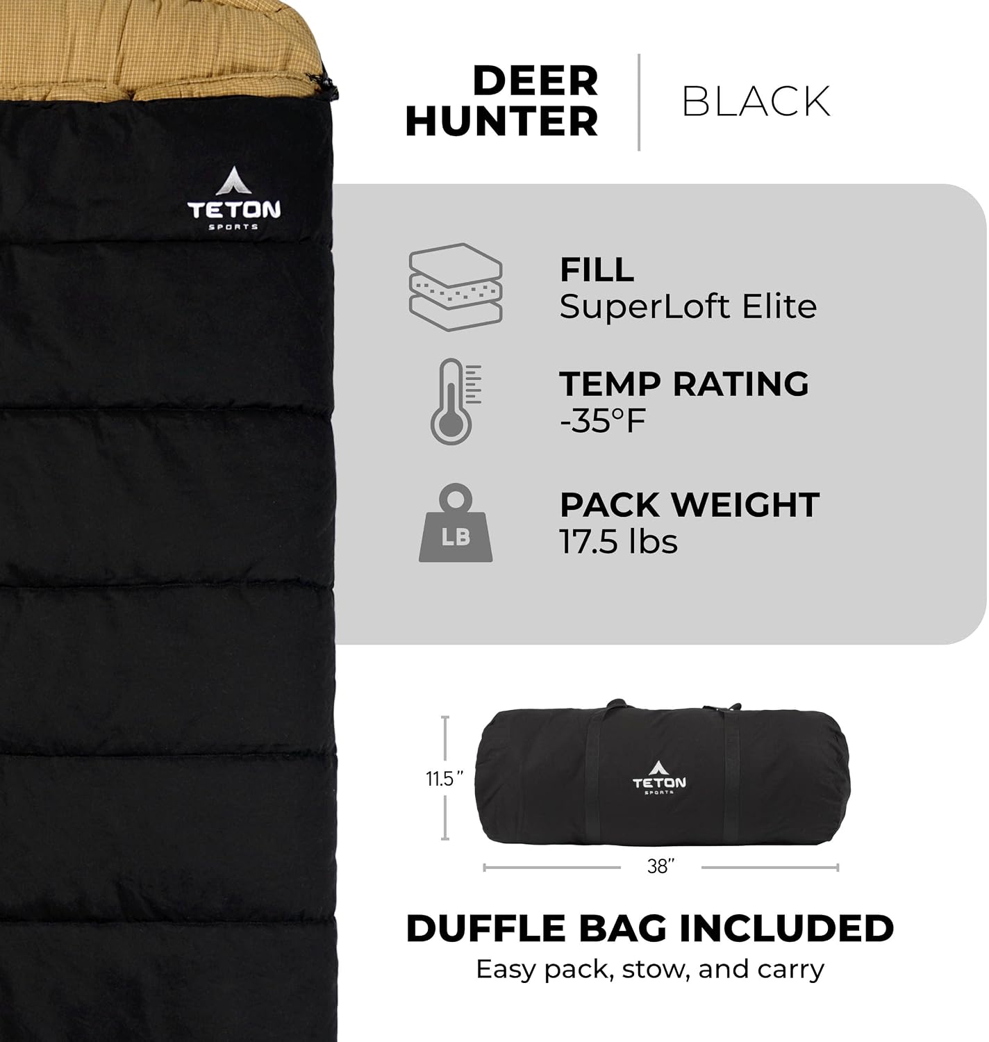 TETON Sports Deer Hunter Sleeping Bag, Warm and Comfortable Camping Sleeping Bag, Teton Tough Canvas Shell for Camping, Hunting, and Cold Weather