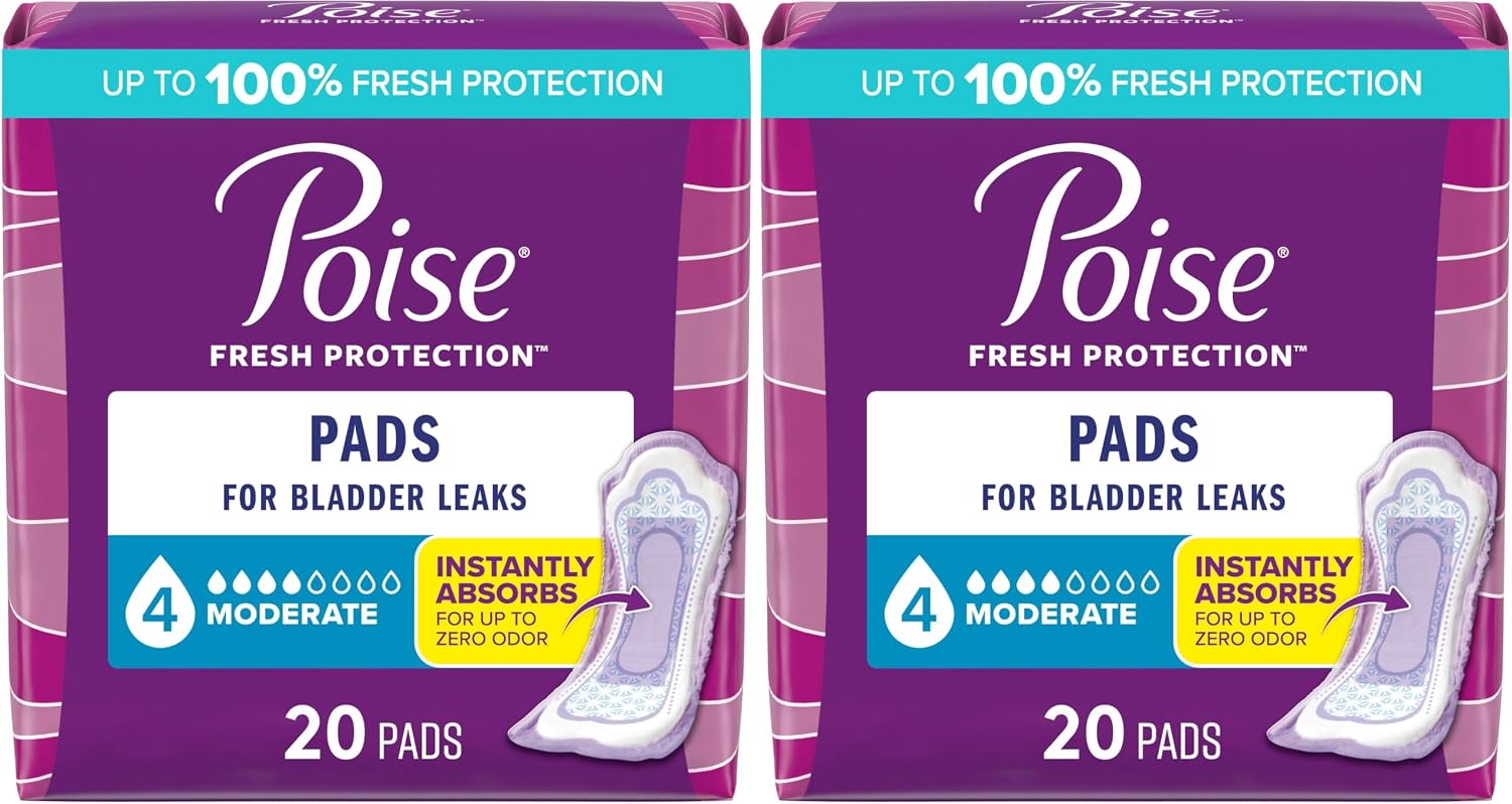 Poise Incontinence & Postpartum Pads for Bladder Leaks, 4 Drop Moderate Absorbency, Regular Length, 20 Count, Packaging May Vary