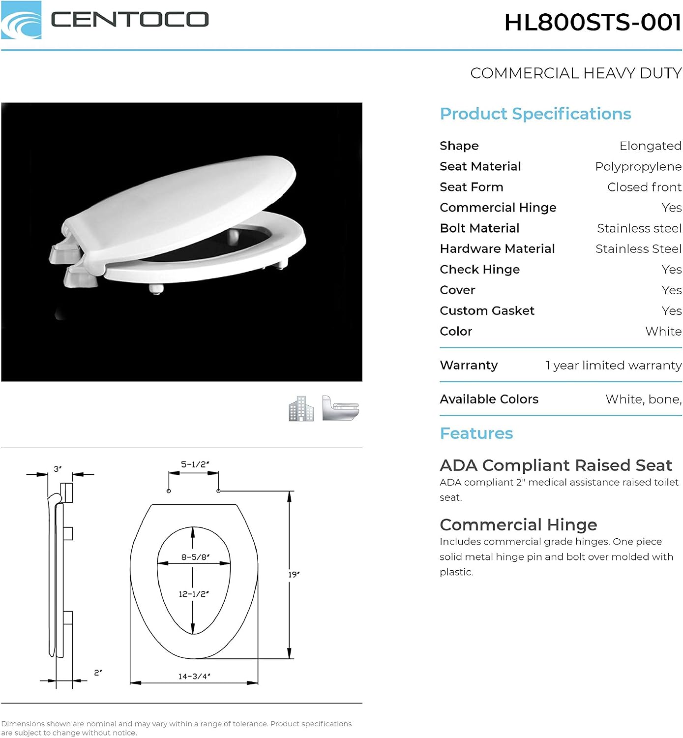 Centoco 3 inch Raised Toilet Seat for Seniors, Elongated, White | Closed Front, Cover, Plastic, 3L800STS-001, Made in the USA