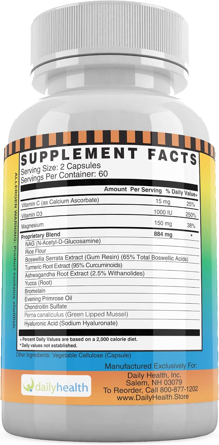Daily Health, Flexprotex D 884mg Joint Muscle Support 120 Capsules Natural Herbal Turmeric Chondroitin Glucosamine Yucca Boswellia Hyaluronic Acid Ashwagandha D3 Magnesium (1 Month Supply)