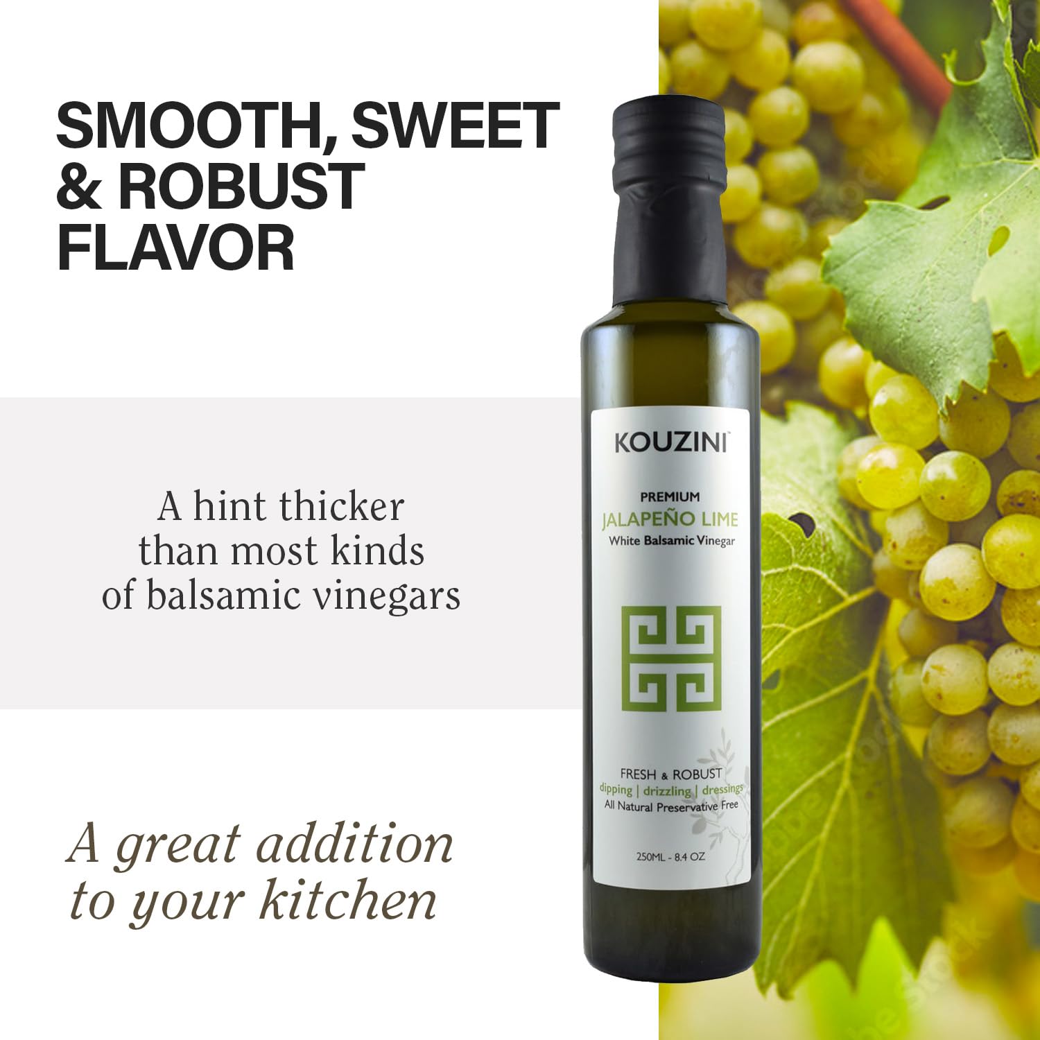 Kouzini Ultra-Premium Peach White Balsamic Vinegar, Aged, No Added Sugars or Preservatives, Ideal for Salads, Meats, Fish, Pizza, & Bread Dipping, Luxurious Balsamic Vinegar of Modena, 250ml