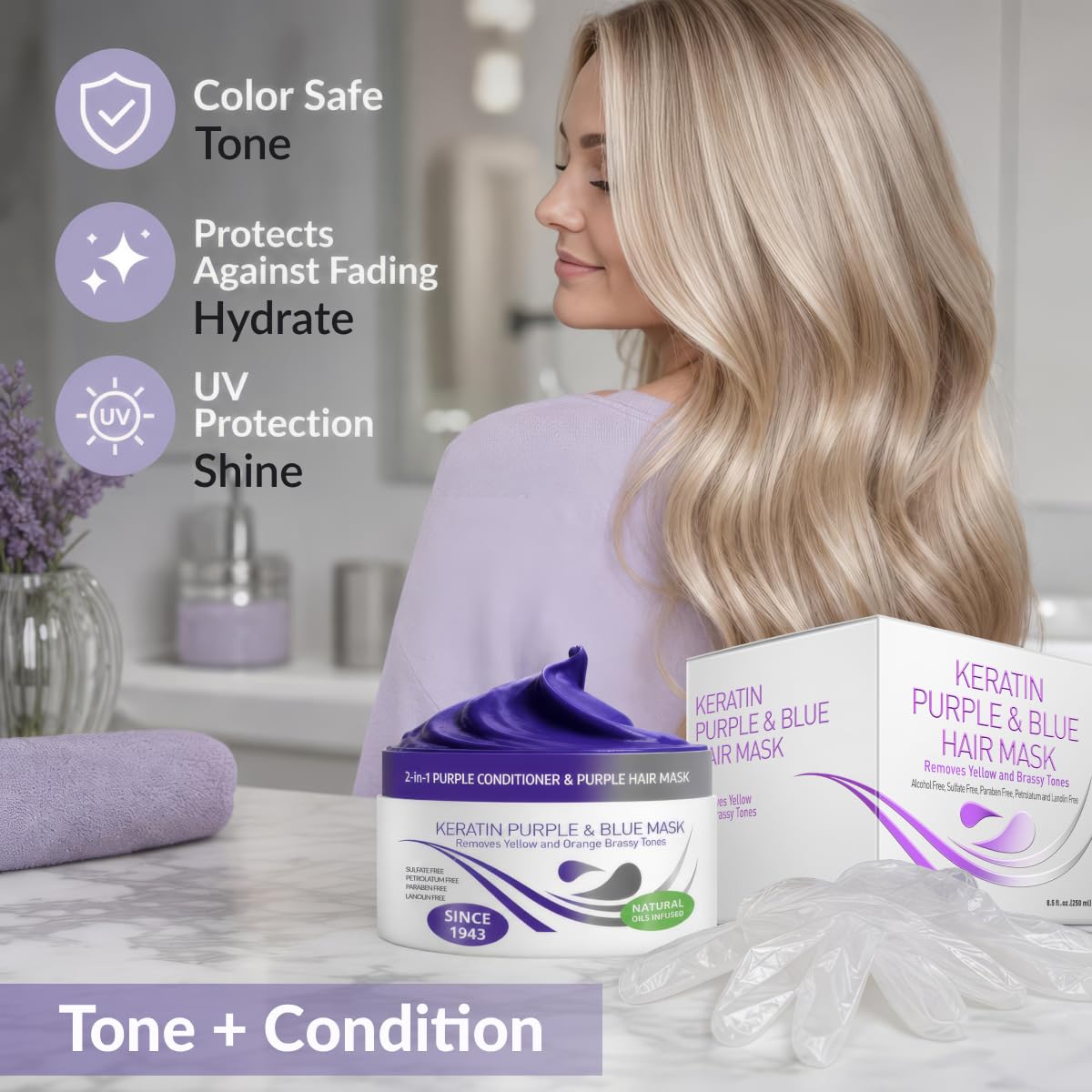 VITAMINS hair cosmetics Keratin Purple Hair Mask - Blue Hair Mask Deep Conditioner Treatment - Blonde Toner to Neutralize Brassiness in Brassy Blonde