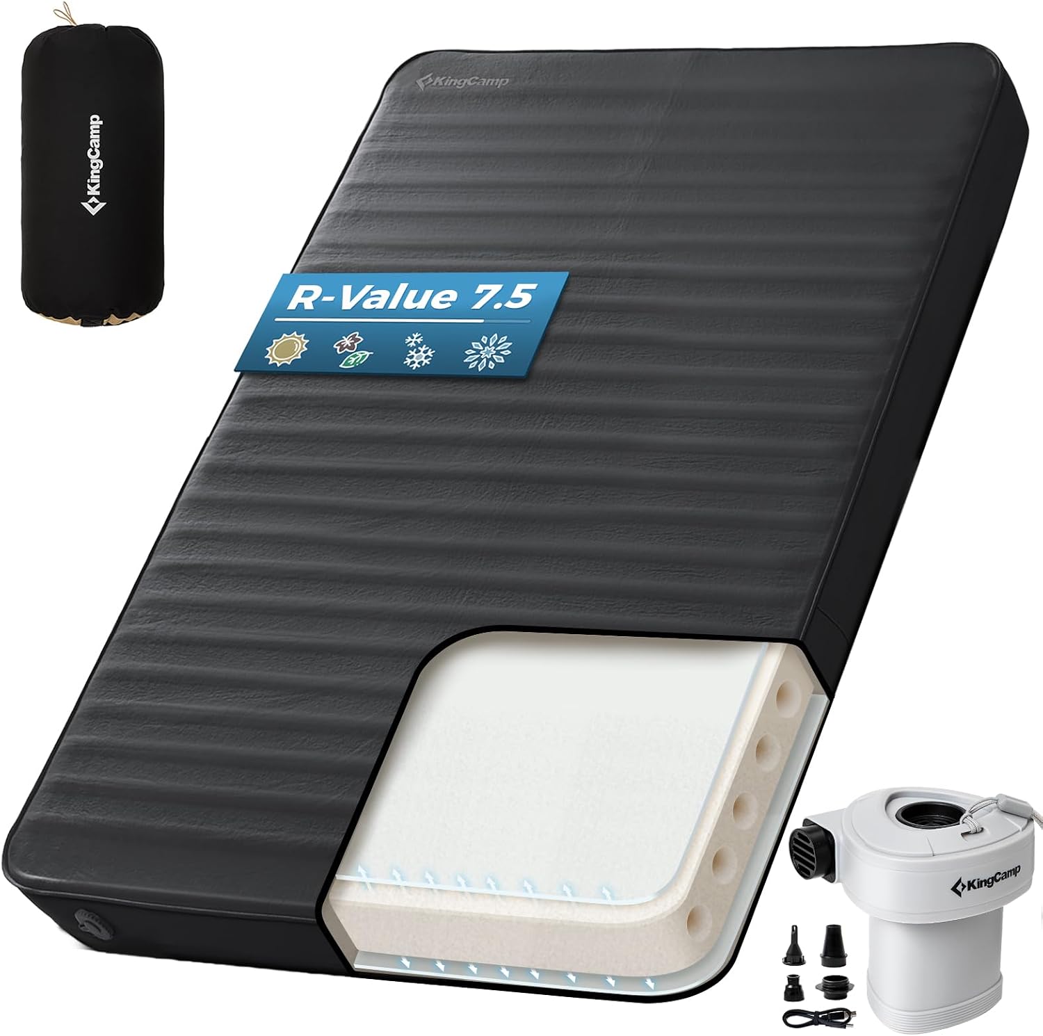 KingCamp Premium Double Camping Mattress, 7.5 R-Value, 2 Person Black