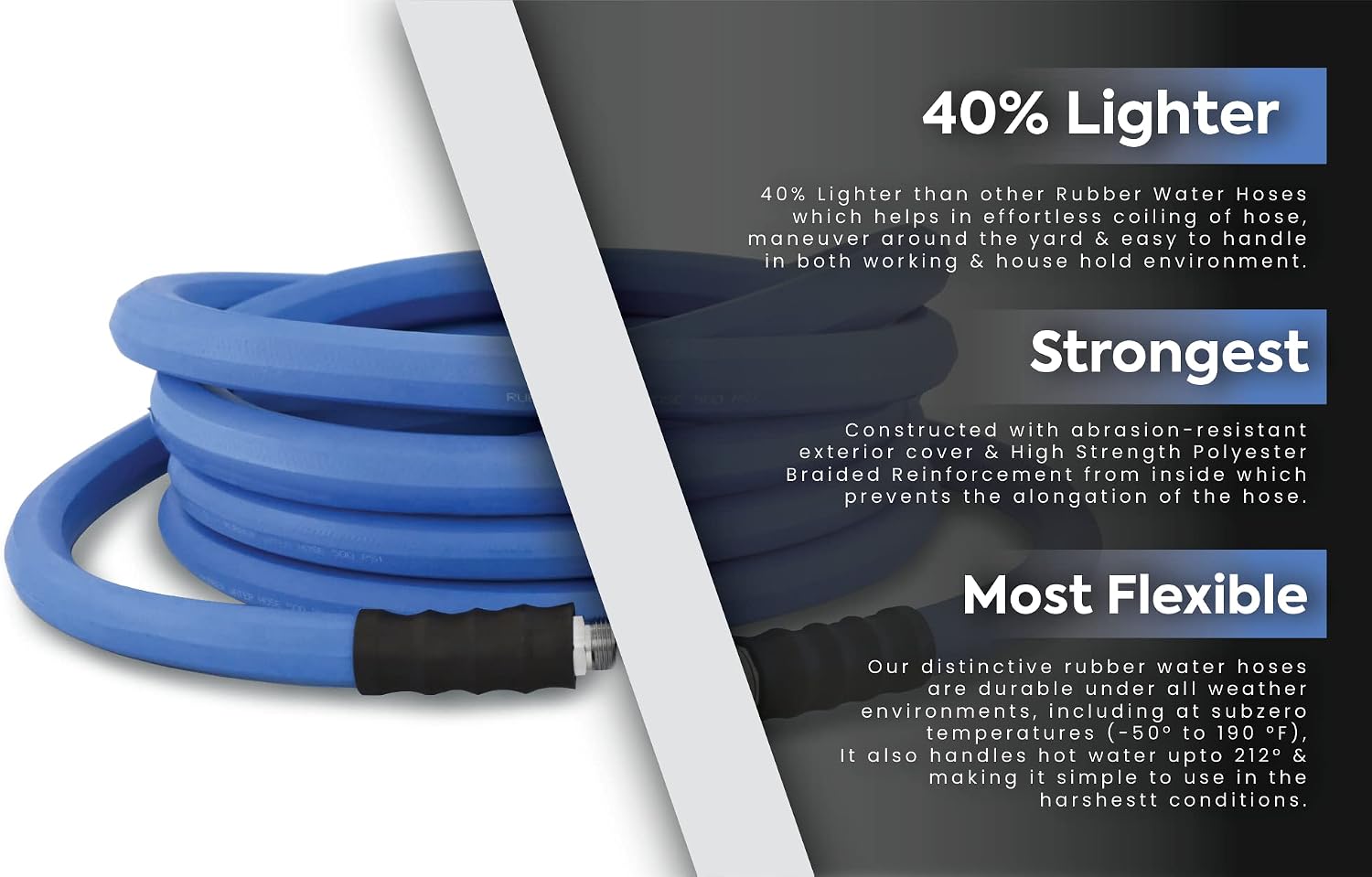AG-LITE BSAL5825 5/8" x 25' Hot/Cold Water Rubber Garden Hose, 100% Rubber, Ultra-Light, Super Strong, 500 PSI, 50F to 190F Degrees, High Strength Polyester Braided