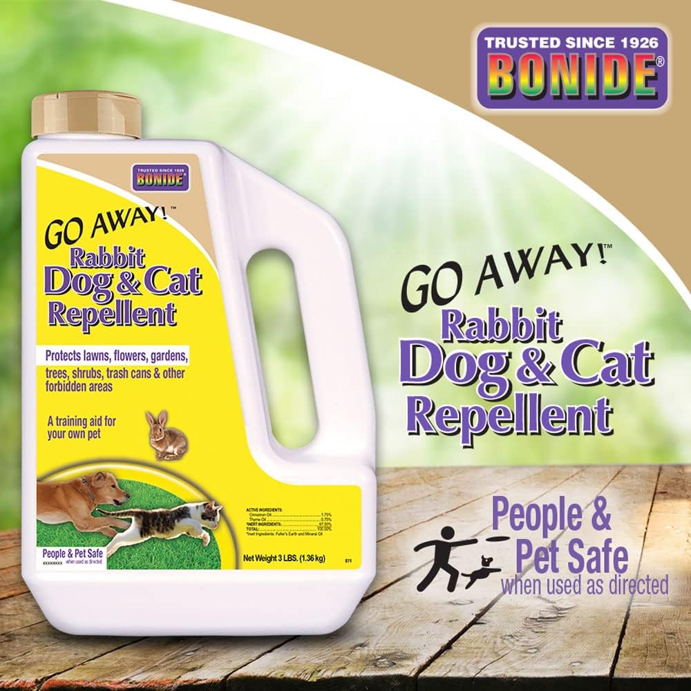 Bonide Go Away! Rabbit, Dog, & Cat Repellent Granules, 3 lbs Ready-to-Use, Keep Dogs off Lawn, Garden, Mulch & Flower Beds | Ready-to-Use, Keep Dogs off Lawn, Garden, Mulch & Flower Beds