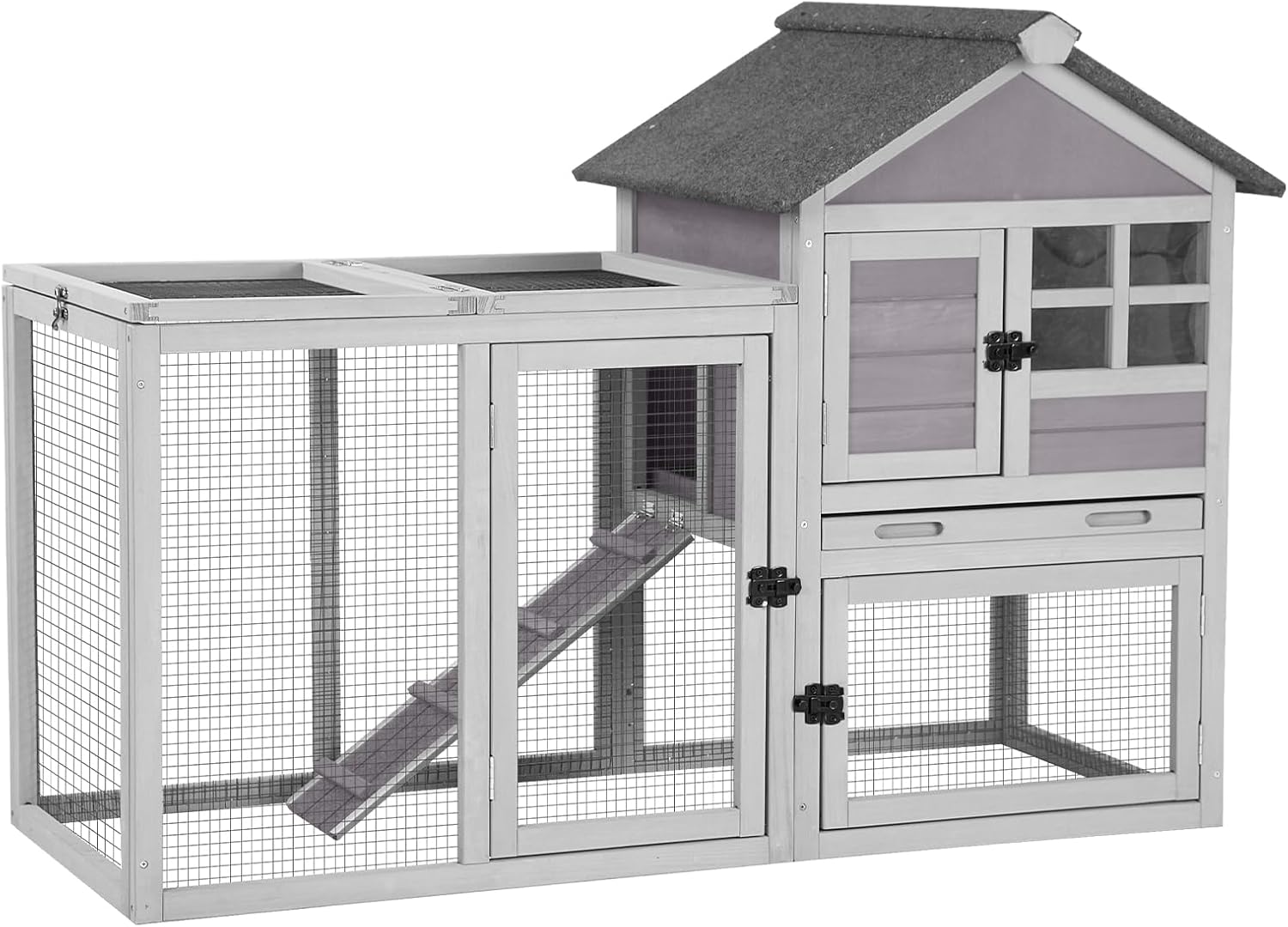 Aivituvin 103.2" L Rabbit Hutch Indoor Outdoor Bunny Cage with Run,Guinea Pig House Pull Out Upper Tray (103.2" L x 25.2" W x 36.2" H, Grey-2 Sets)