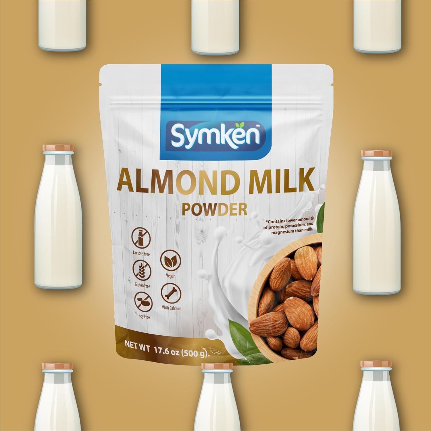 SYMKEN Almond Milk Powder 17.6 Oz (500g) | Pure Almond | No added sugar | Vegan | Gluten free | Lactose free | Non-GMO | Non-Dairy | Vegan protein