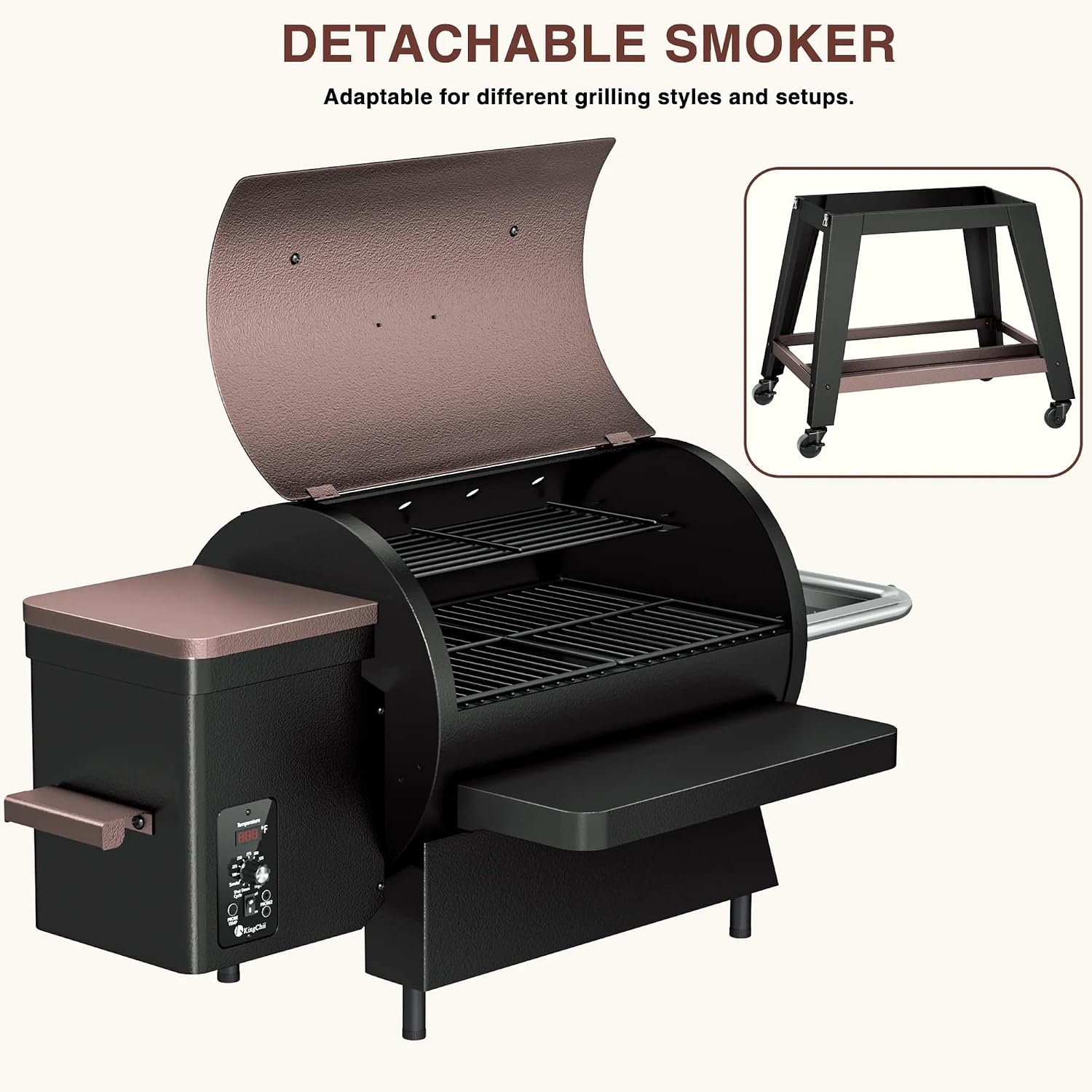 KingChii Electric Wood Pellet Grill & Smoker with Side Shelf, 456 SQ.IN Grill Capacity, with PID Temperature Control (180-425°F) for Backyard Camping Bake and Roast, Black