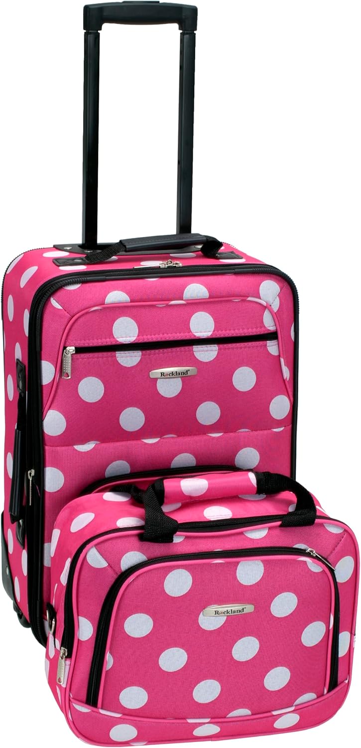 Rockland Fashion Softside Upright Luggage Set,Expandable, Telescopic Handle, Wheel, Black Dot, 2-Piece (14/19)