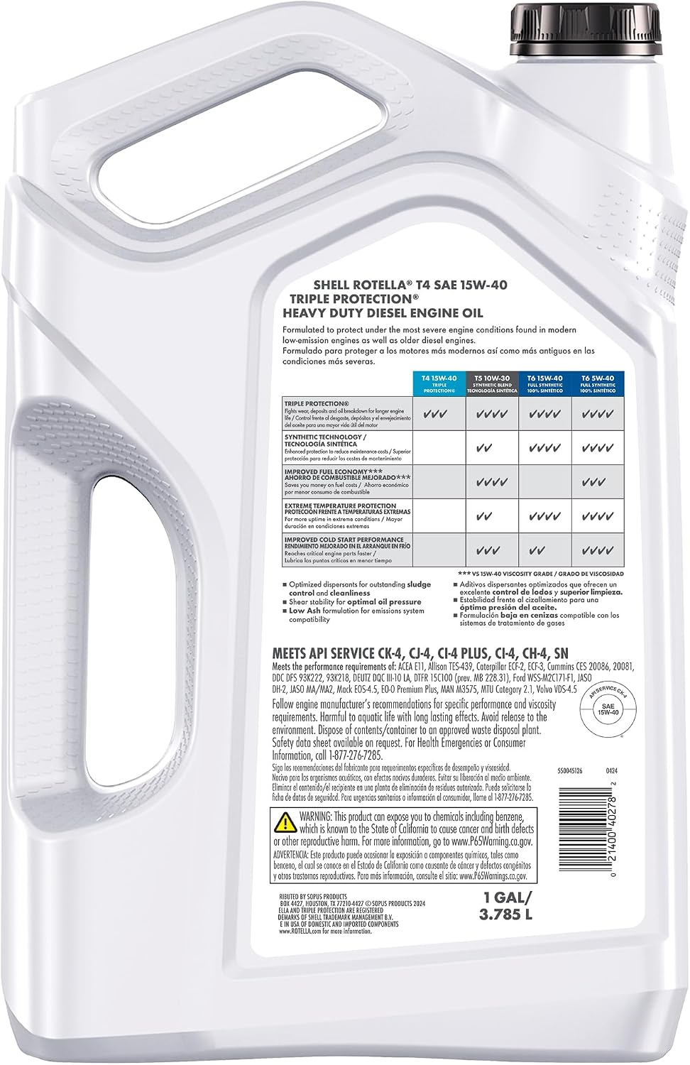 Shell Rotella T4 Triple Protection 15W-40 Diesel Engine Oil, 1 Gallon