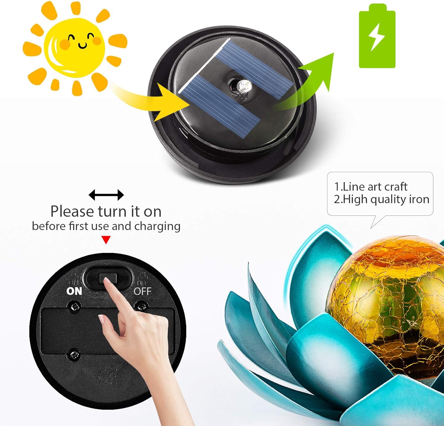 Huaxu Solar Lights Outdoor Garden, Crackle Globe Glass Lotus Decor, Waterproof LED Metal Flower Decorations for Patio,Lawn,Walkway,Tabletop,Ground