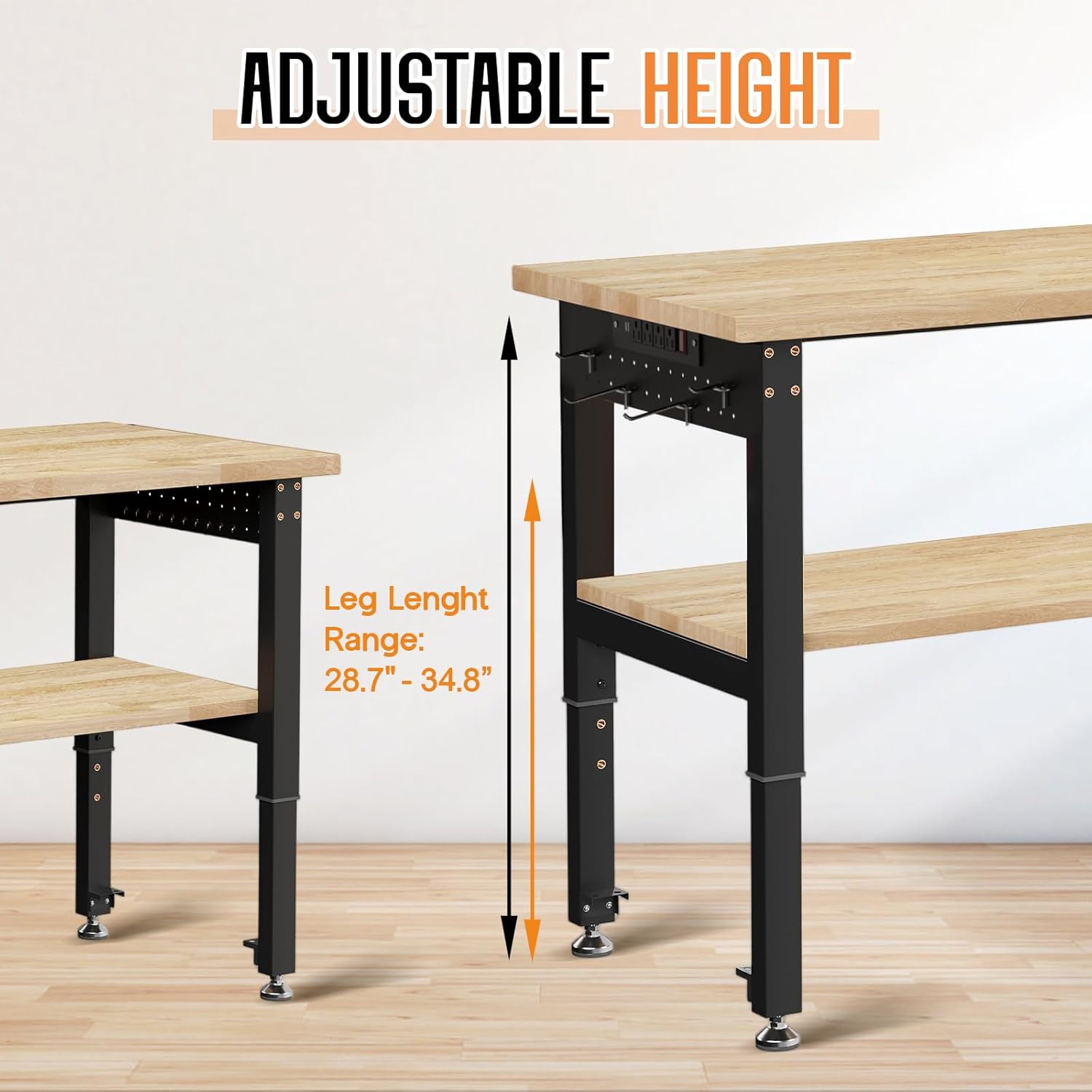 Albott 48" Adjustable 2-Tier Workbench with Solid Wood Top, Max 2500lbs Capacity, Built-in Power Strip with 4 AC Outlets & 2 USB Ports