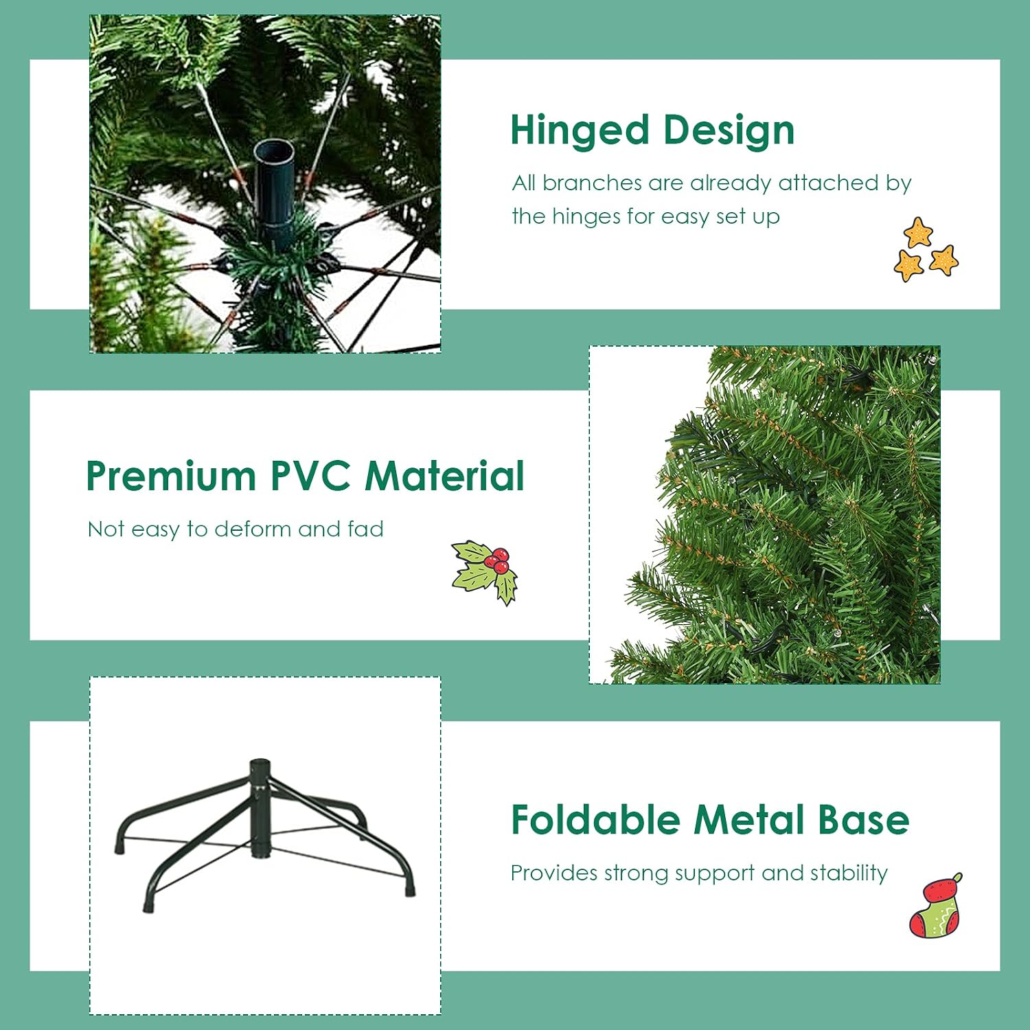 Goplus 7.5ft Pre-Lit Artificial Christmas Tree, Premium PVC Snow Flocked Hinged Pine Tree with Metal Stand and LED Lights
