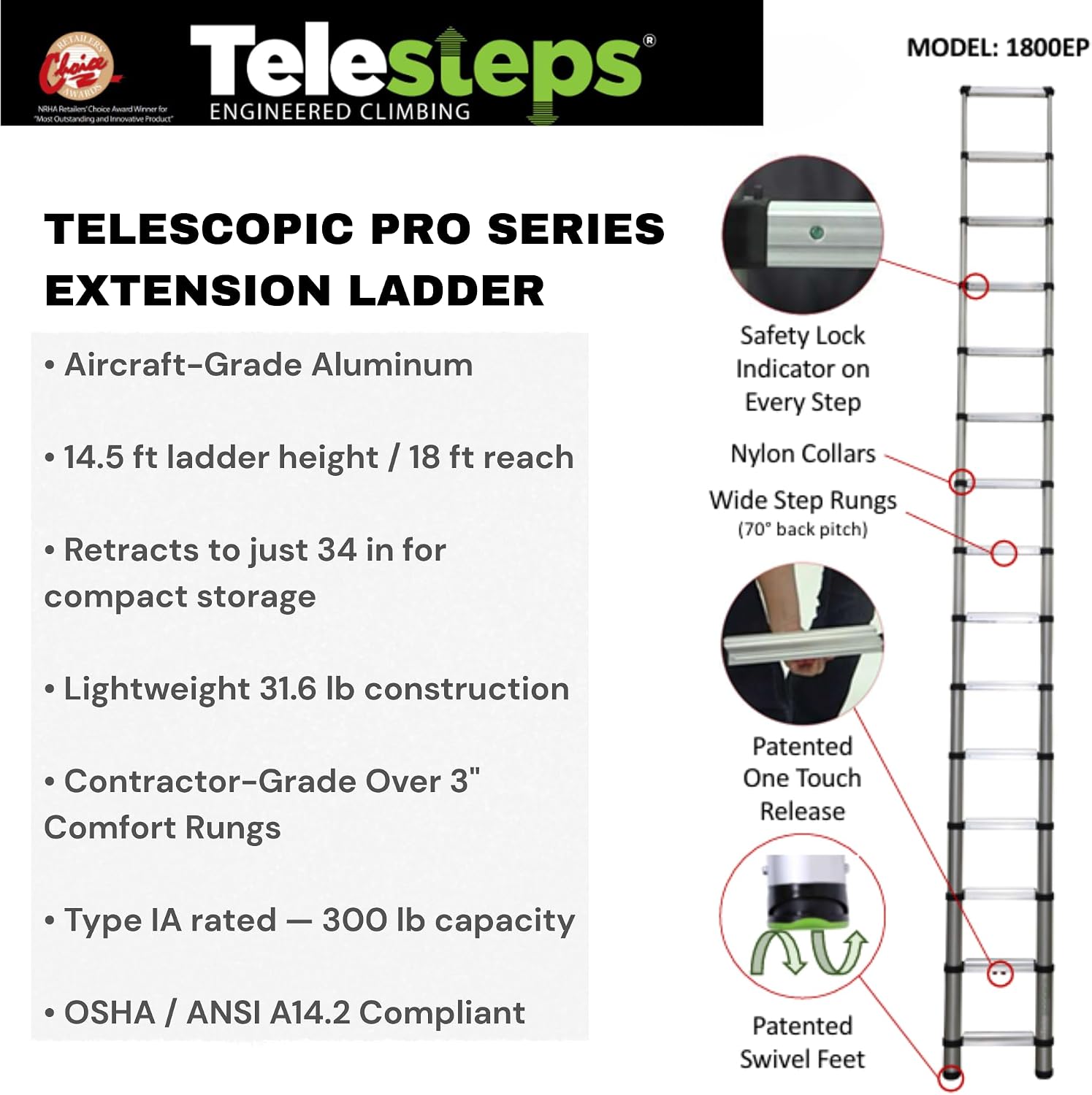 Telesteps 1800EP Pro Series Wide Step Telescoping Extension Ladder – 14.5 ft Height, 18 ft Reach | Type 1A 300 lb Rated