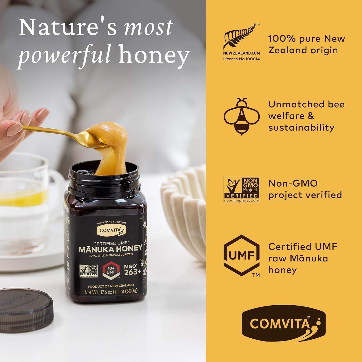 Comvita Manuka Honey UMF 10+ (MGO 263+), Monofloral - 500g (17.6 Oz) | Raw Manuka Honey New Zealand, Pure & Unpasteurized, Superfood for Immune Health, Wild, Use in Tea, Non-GMO