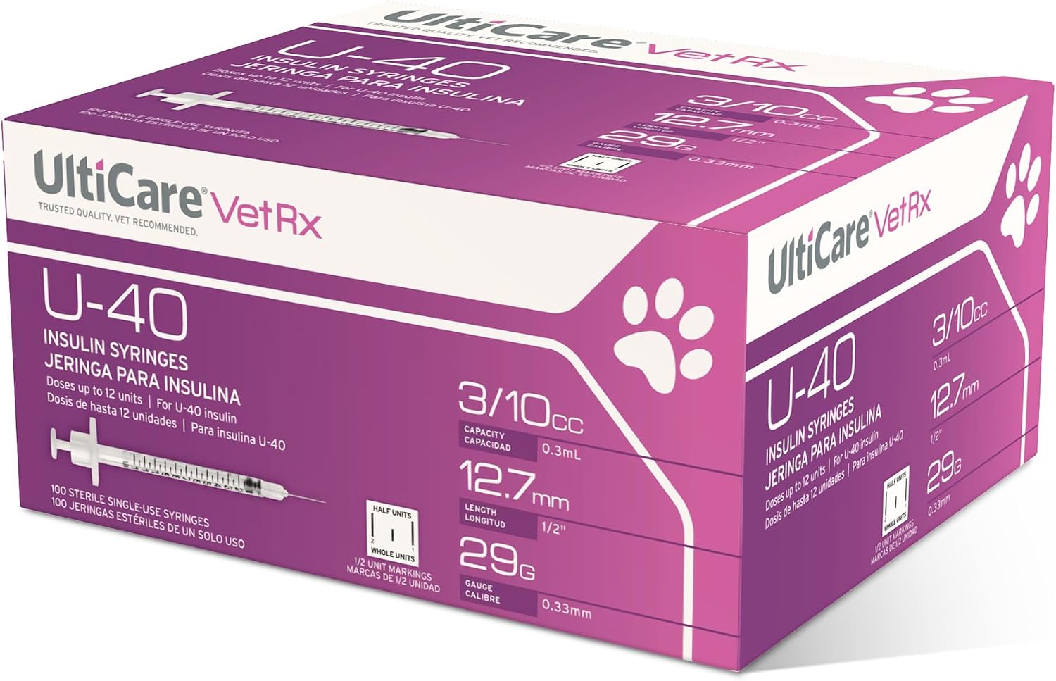 UltiCare VetRx U-40 Pet Insulin Syringes, 3/10cc, 29G x 1/2", 100 Ct, HU