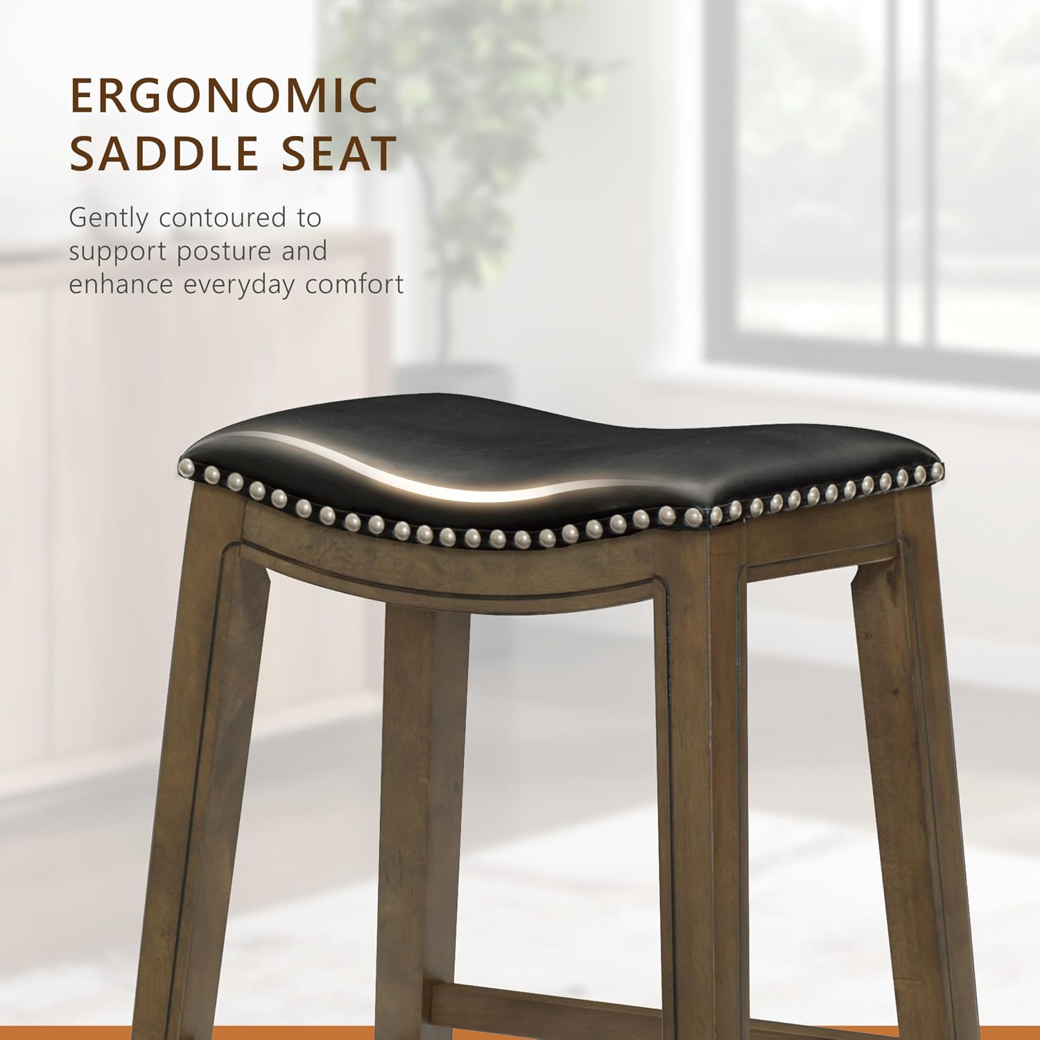 Lexicon Ordway Solid Wood Counter Height Stool - Saddle Kitchen Stool Counter Height Stools for Dining, Armless Chair Seating Options, Perfect for Casual Entertaining Spaces, 25" SH, Black