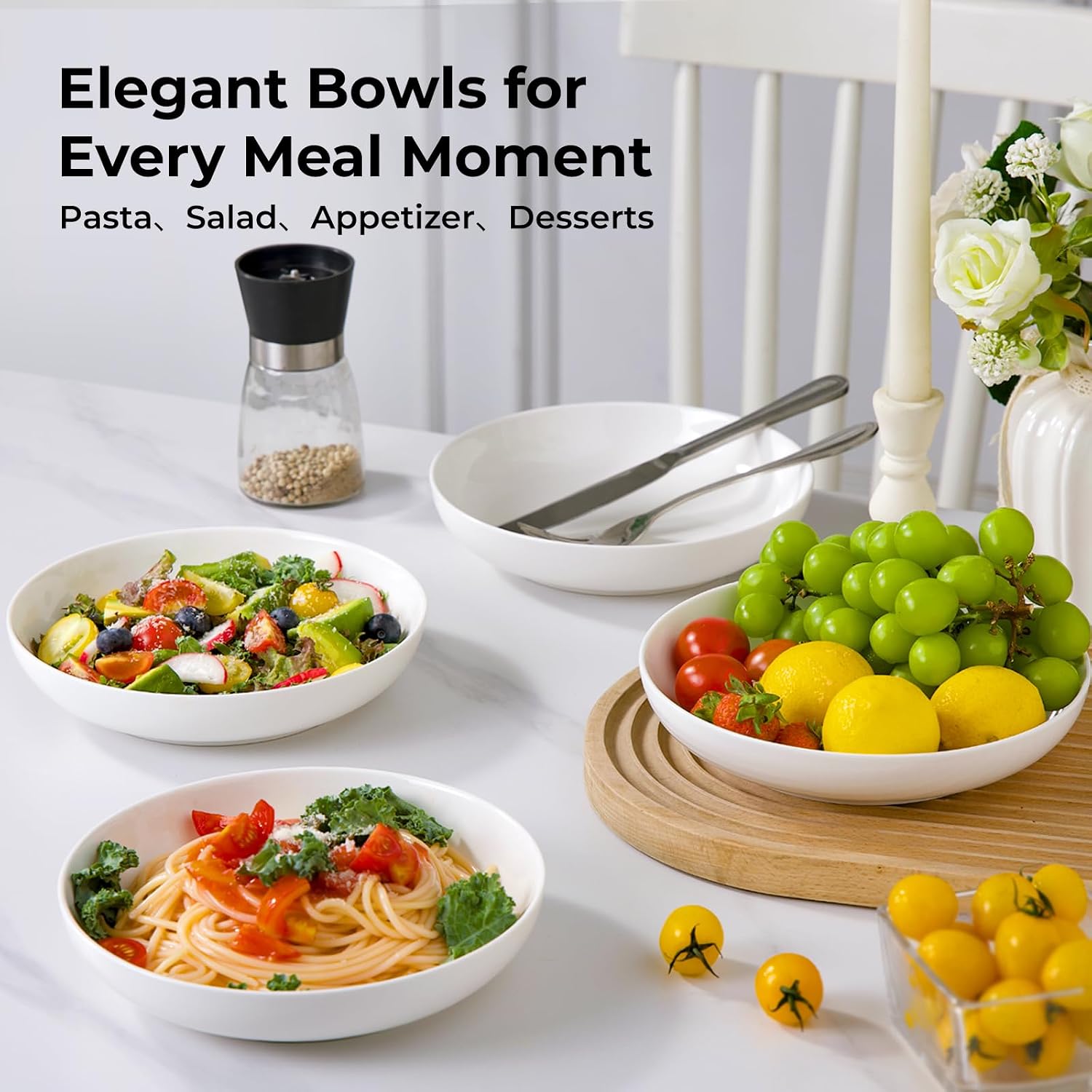 Y YHY 9.75" Large Pasta Bowls, 50 Ounces Big Salad Bowls, Ceramic Serving Bowl Set of 4, Wide and Shallow Bowls Set, Microwave and Dishwasher Safe, White