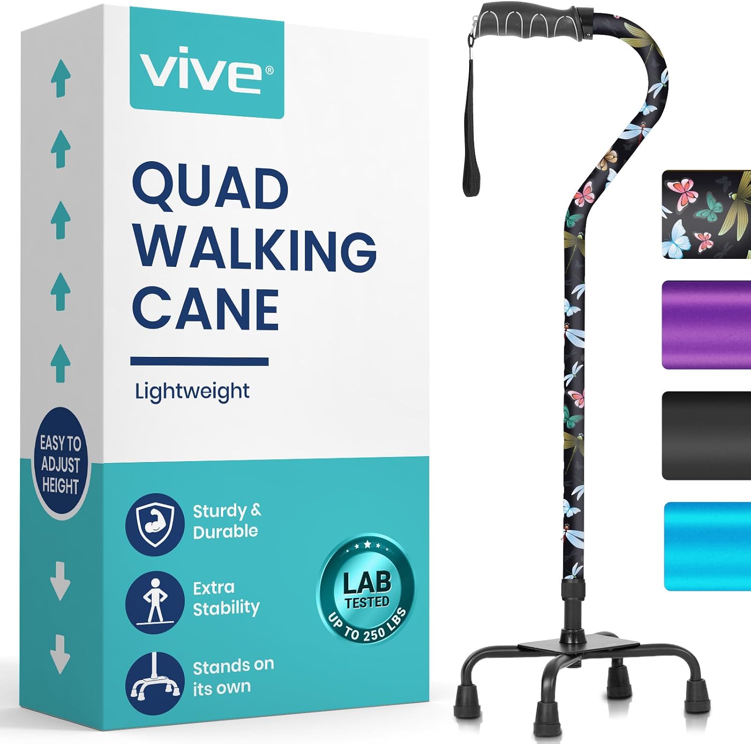 Vive Quad Cane - Walking Stick for Men and Women - Lightweight Adjustable Staff - Comfortable Right and Left Hand Grip for Stability Support - Four Prong Sturdy Aluminum Travel Aid - 4 Tip Blue | Senior 4 Prong Walking Stick for Stability & Balance- Righ…
