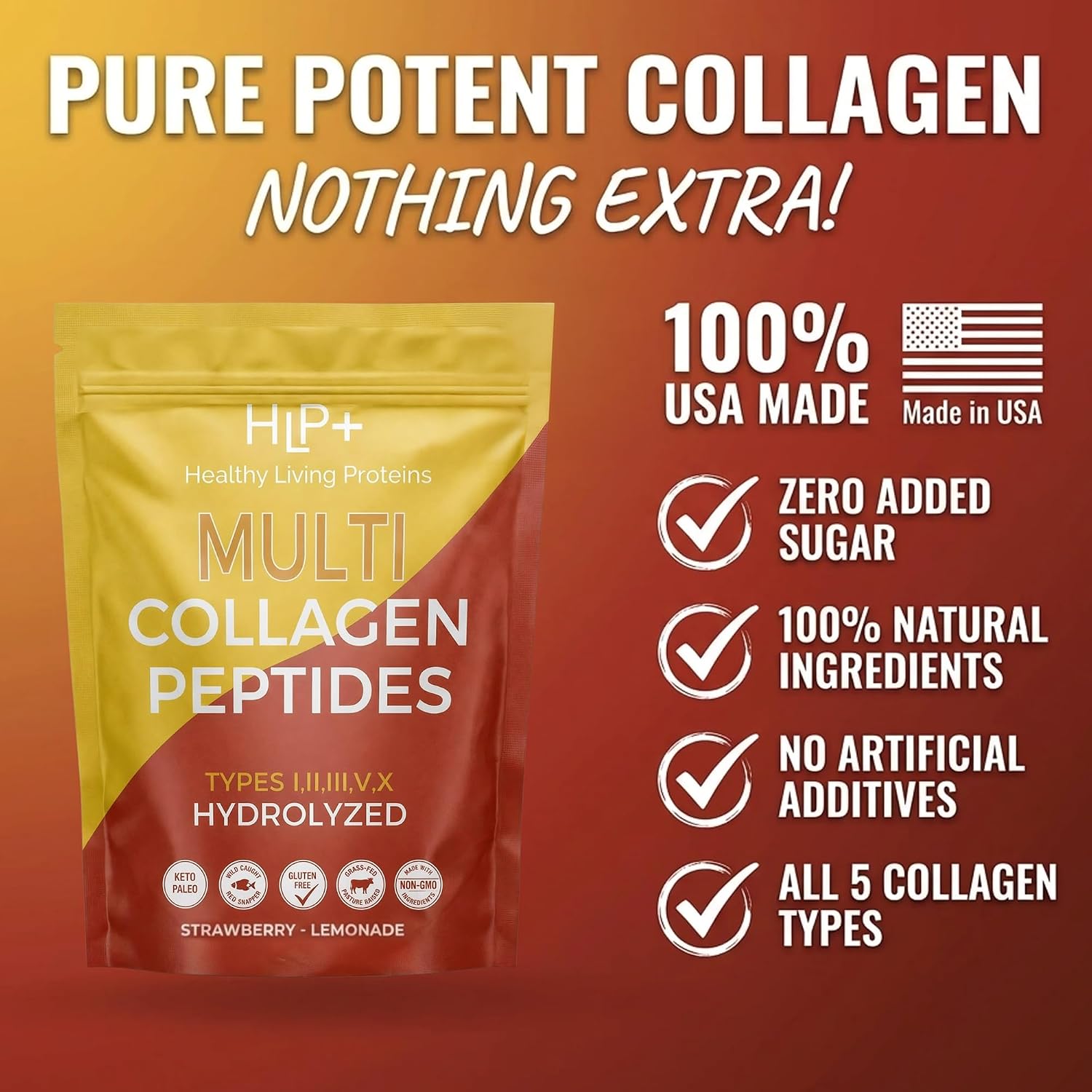 Healthy Living Proteins | Multi Hydrolyzed Collagen Peptides Type I, II, III, V, & X | Grass Fed Bovine, Wild Caught Marine, Free Range Chicken | Gluten Free (Unflavored, 1 Pound (Pack of 1))