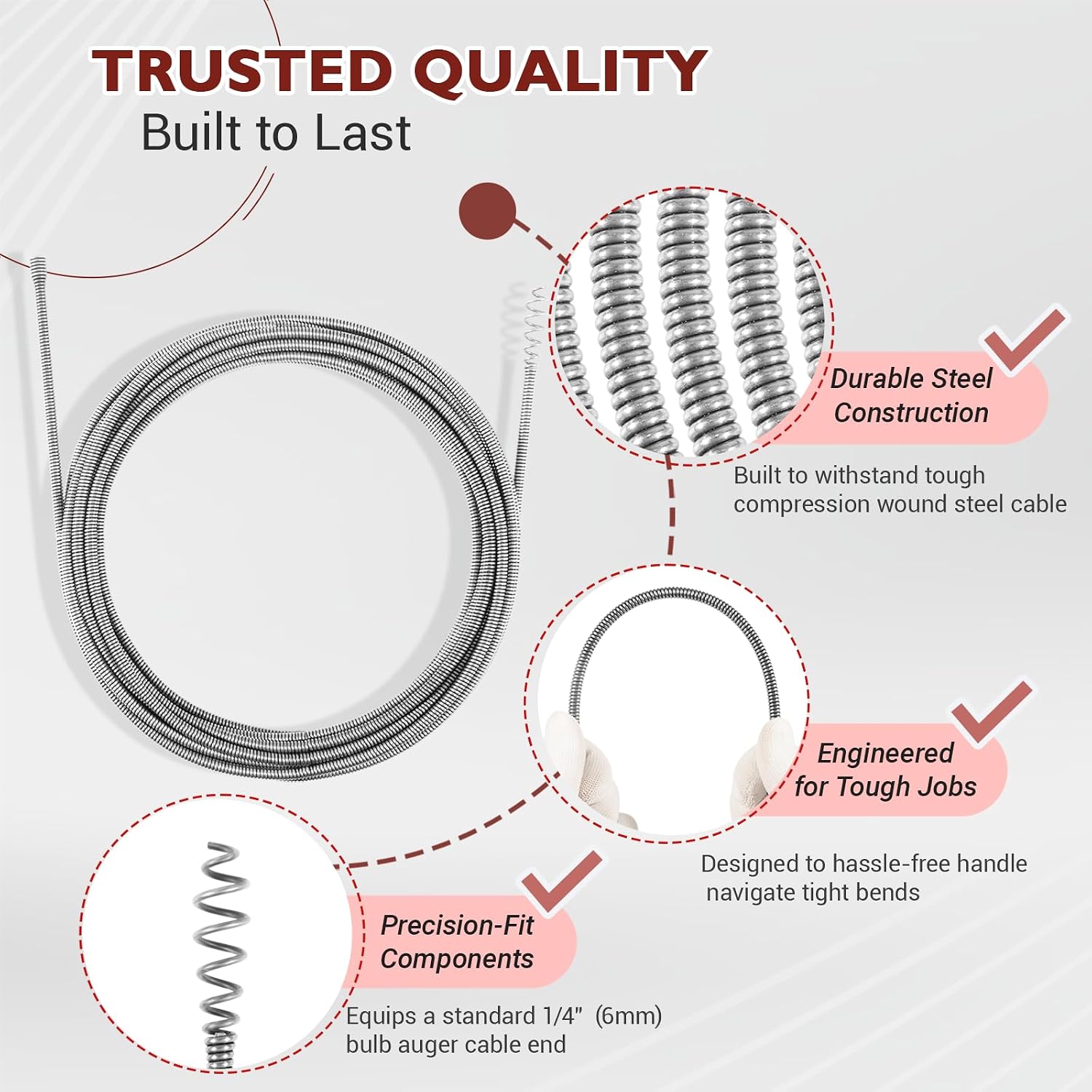 Replacement Drain Snake Cable Compatible with Ridgid K-45 & K-45AF Auto-Spin Drain Augers, 21338 Inner Core Cable, 30 Ft x 1/4 in