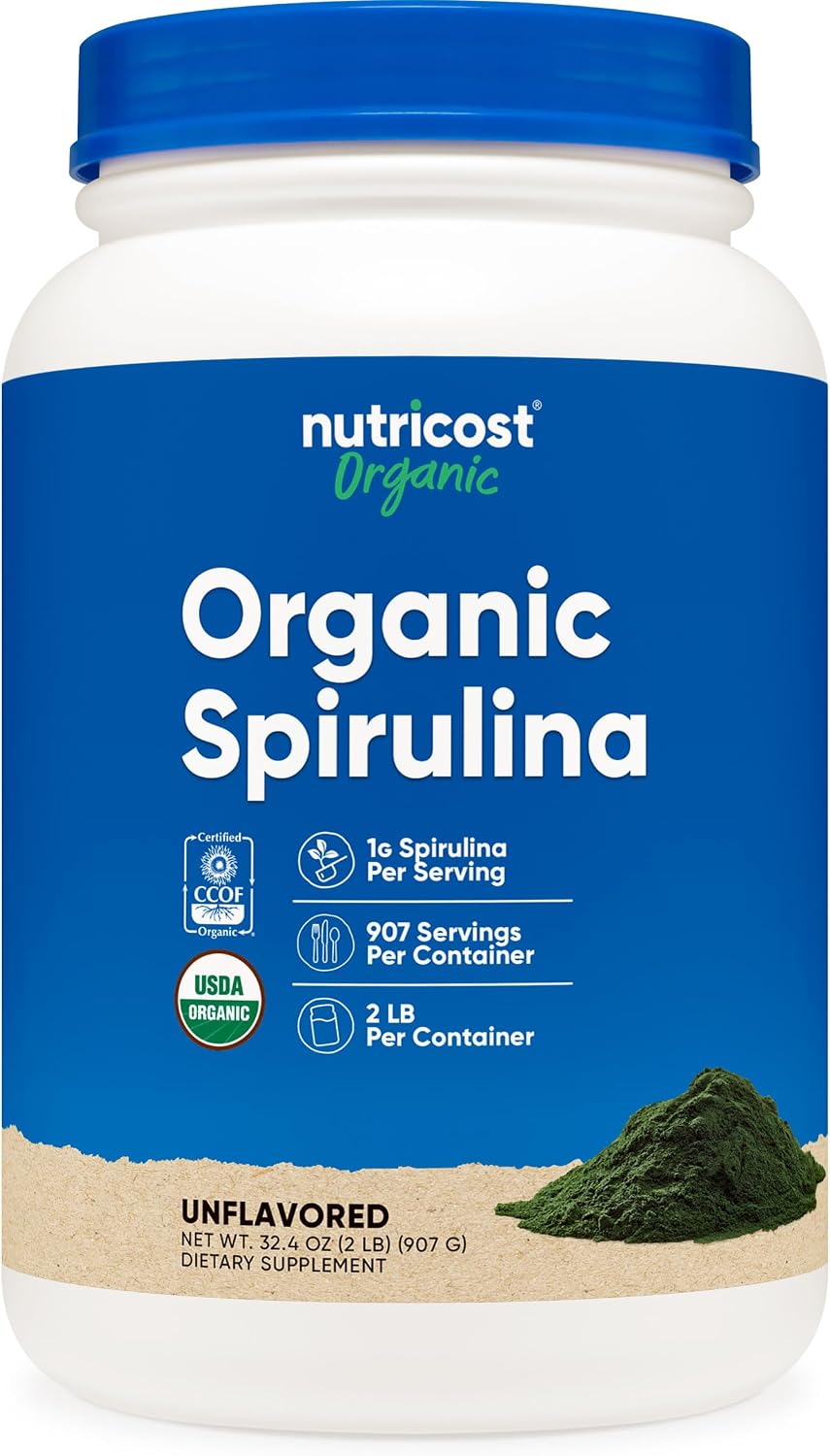 Nutricost Organic Spirulina Powder (1LB) 454 Grams, Pure, Vegan | Certified Organic Spirulina
