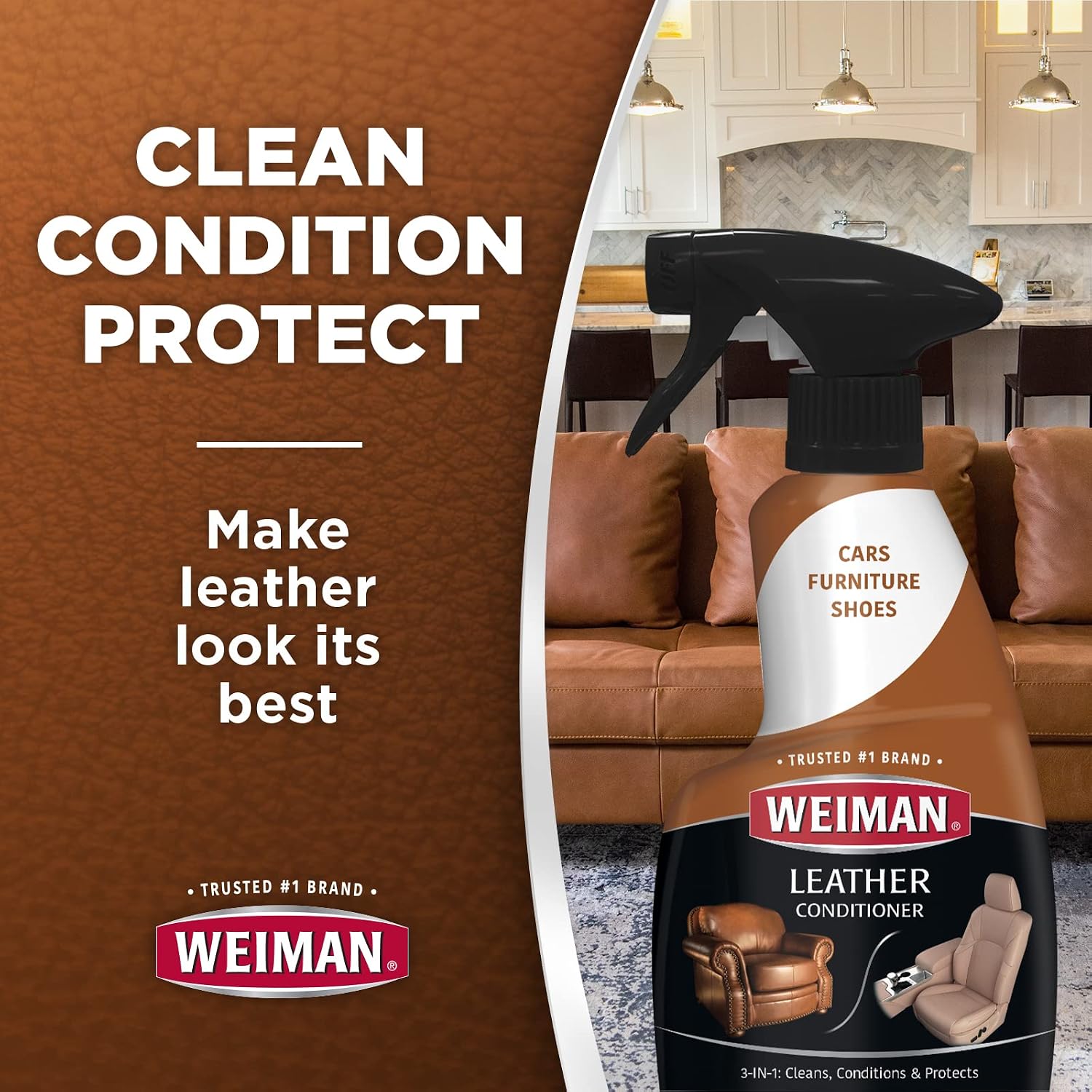 Weiman Leather Cleaner, Polish and Conditioner for Furniture, Car, Purses, Shoes, Boots and Couches- Micro Fiber Towel Included, 22oz