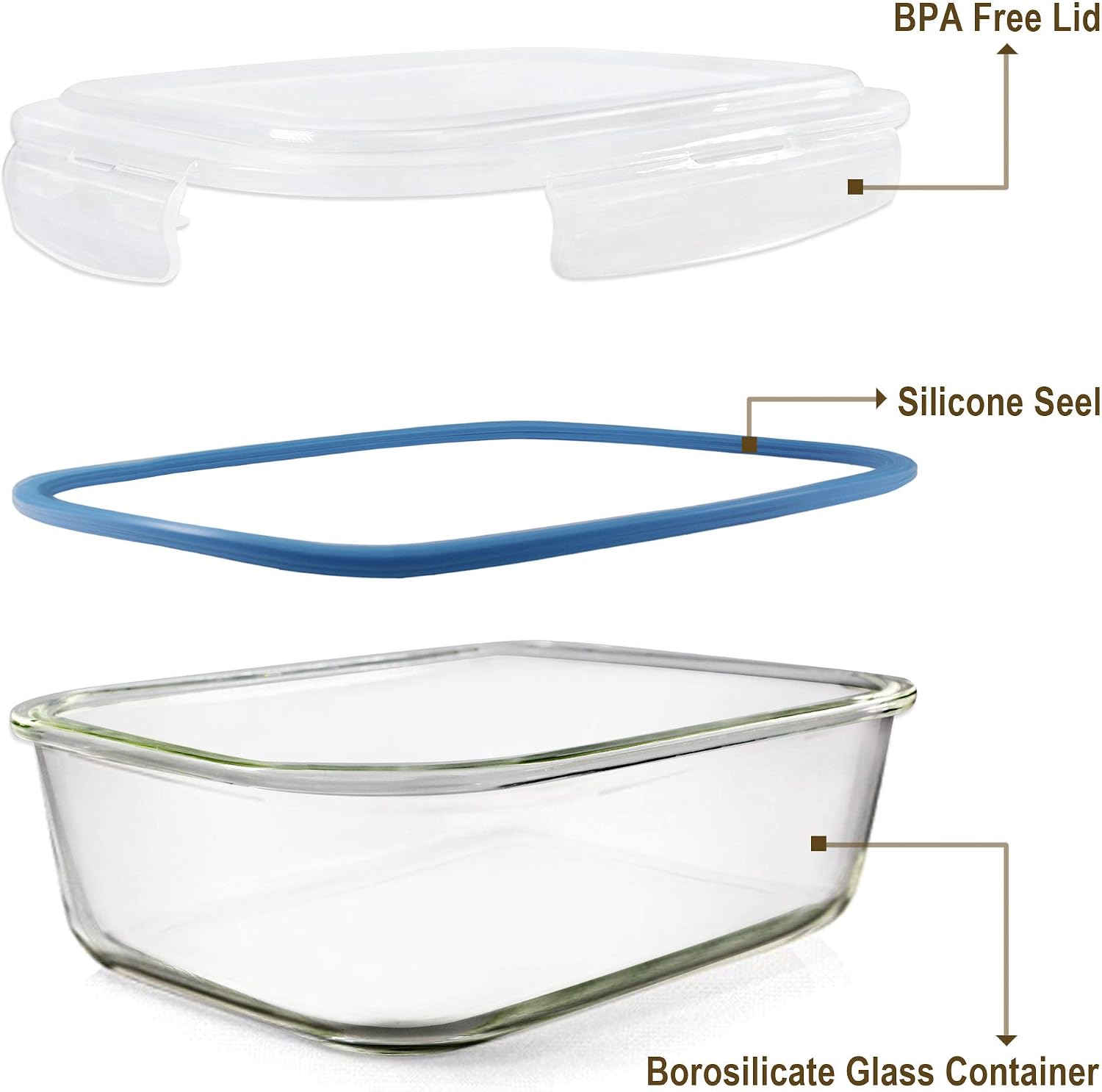Glass Food Storage Containers Set, Large Size Containers with Lids, BPA-free Locking lids, 100% Leak Proof Glass Meal Prep Containers