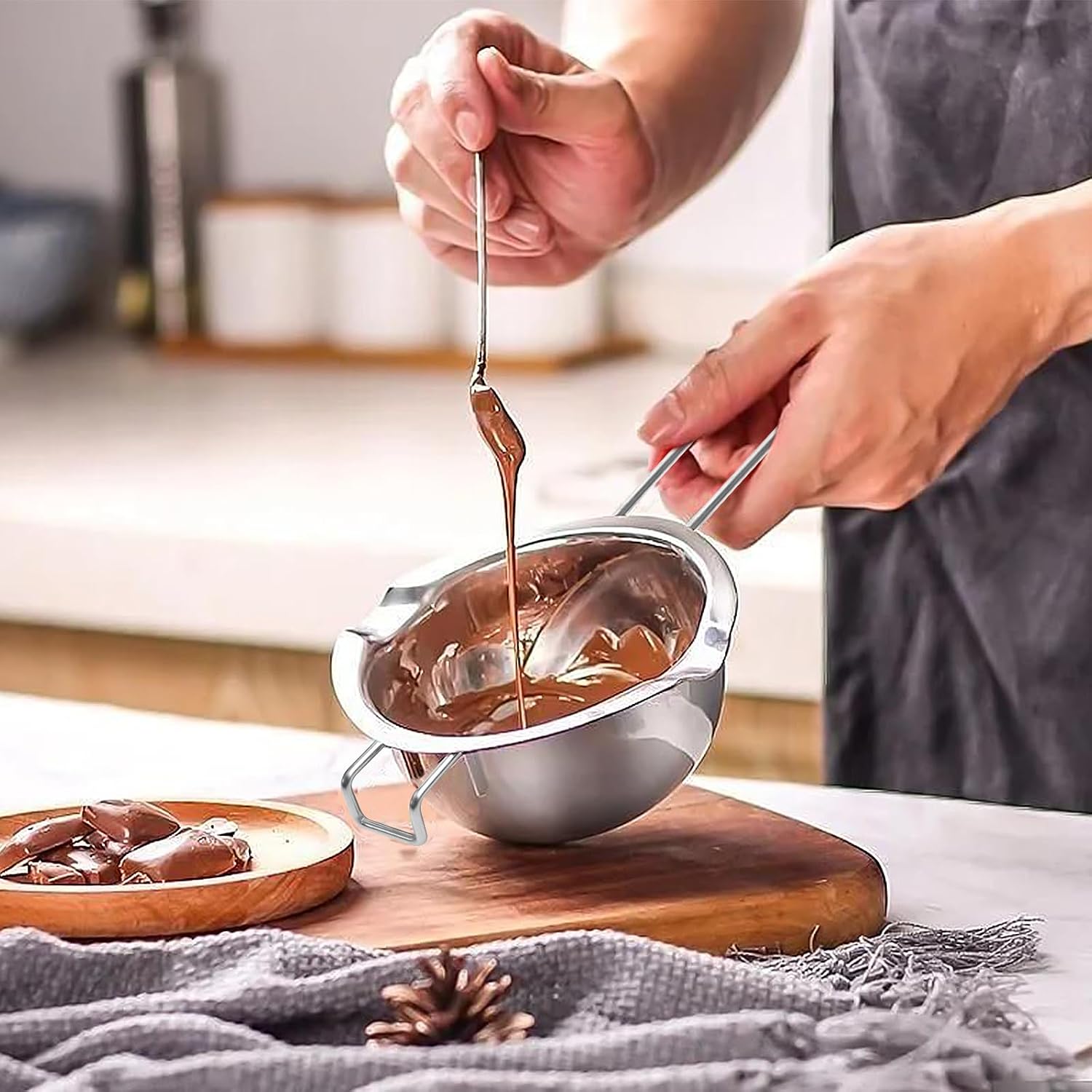 2 Pieces Stainless Steel Double Boiler Pot with 2 Metal Spoon, Chocolate Melting Pot for Melting Chocolate, Butter, Cheese
