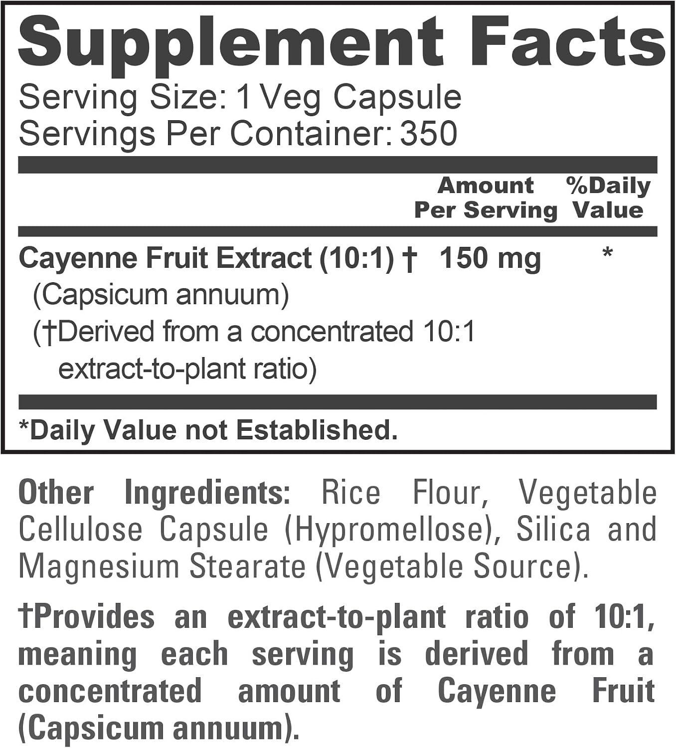 Cayenne Pepper, Non-GMO, Vegan, 150mg, 350 Veggie Capsules - 350 Servings | Herbal Formula, Capsicum Annuum Fruit 10:1 Extract, Suitable for Adults