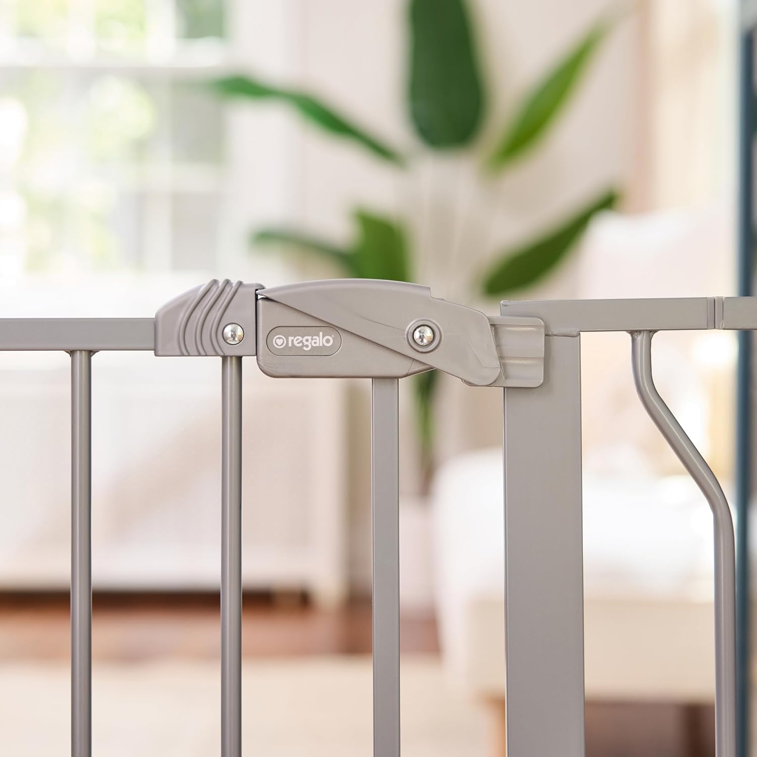 Regalo Safety 29"-49" Extra Wide Baby Gate, Bottom of Stairs & Doorways | Pressure Mounted with Door, For Babies, Toddlers & Pets, White, Tested & Trusted for 30 Years
