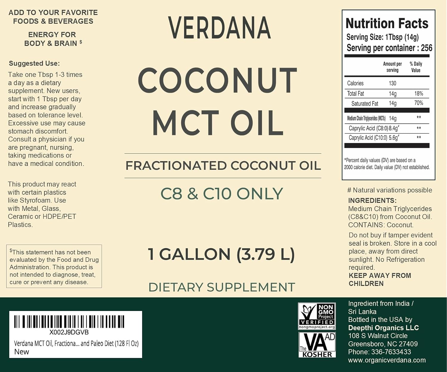 Verdana MCT Oil, Fractionated, 100% from Coconut - 1 Gallon - Kosher Food Grade, Vegan, Non-GMO - Great for Keto and Paleo Diet (128 Fl Oz)