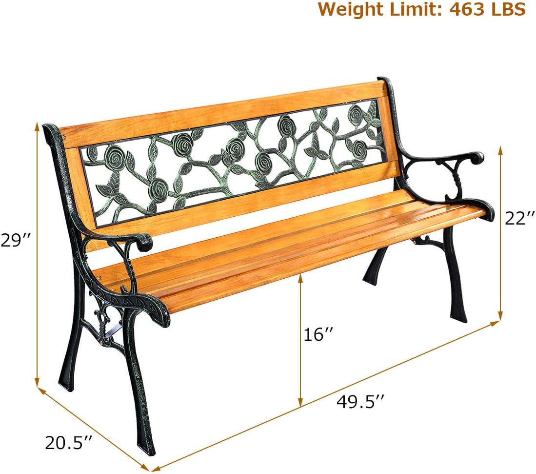 GIANTEX 50'' Patio Park Garden Bench, Outdoor Furniture Rose Cast Iron | Porch Loveseat for 2 Person with Hardwood Frame and Armrest