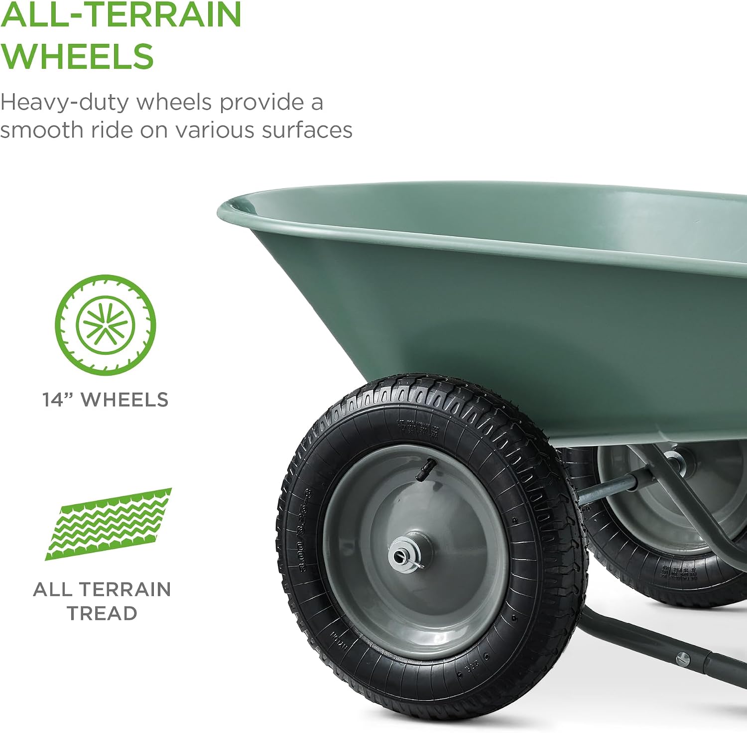 Best Choice Products Dual-Wheel Home Utility Yard Wheelbarrow Garden Cart w/Built-in Stand for Lawn, Gardening, Construction - Green
