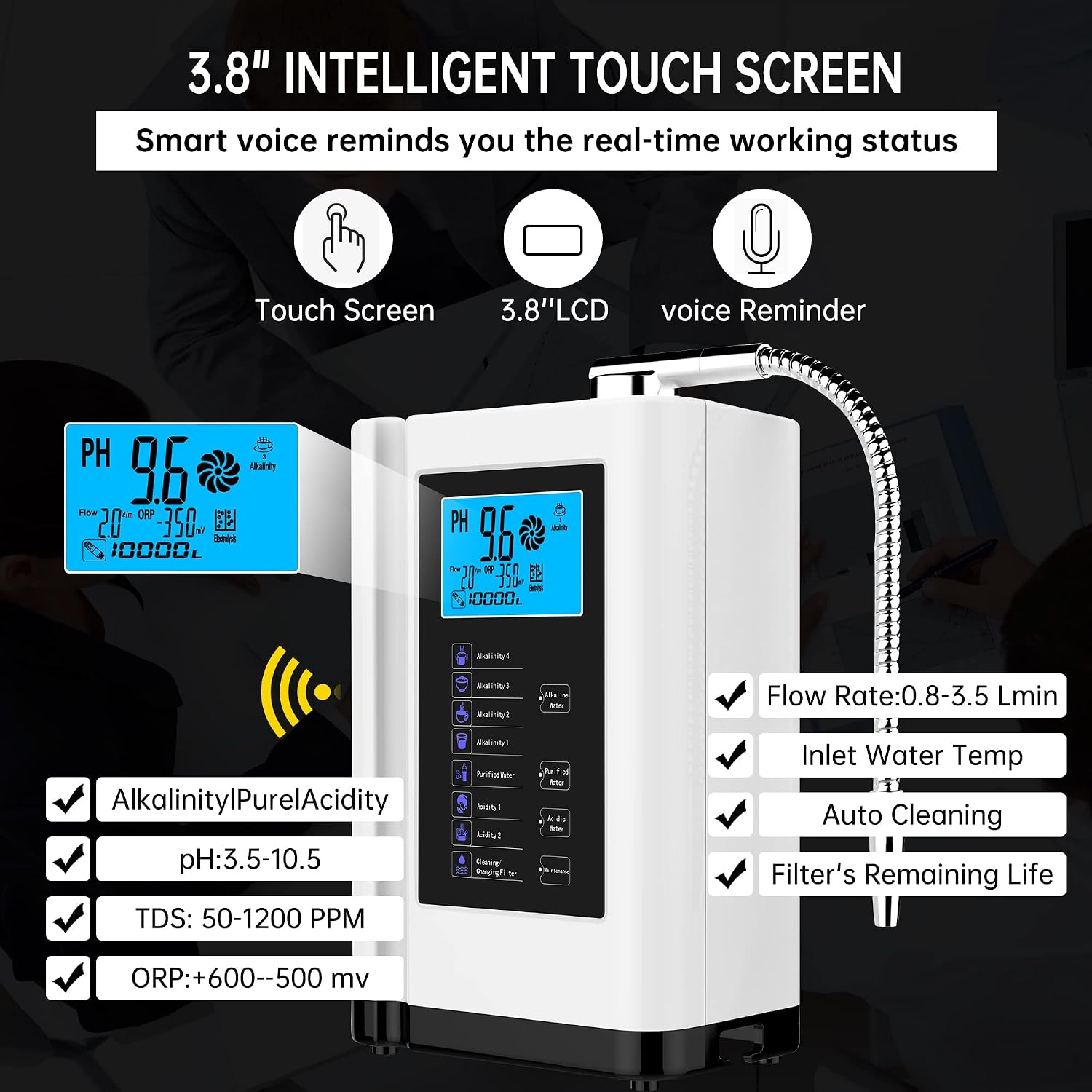 Water Ionizer, Water Purifier Machine PH 3.5-10.5 Alkaline Acid Water Machine, Up to -500mV ORP, 8000 Liters Per Filter, 7 Water Settings