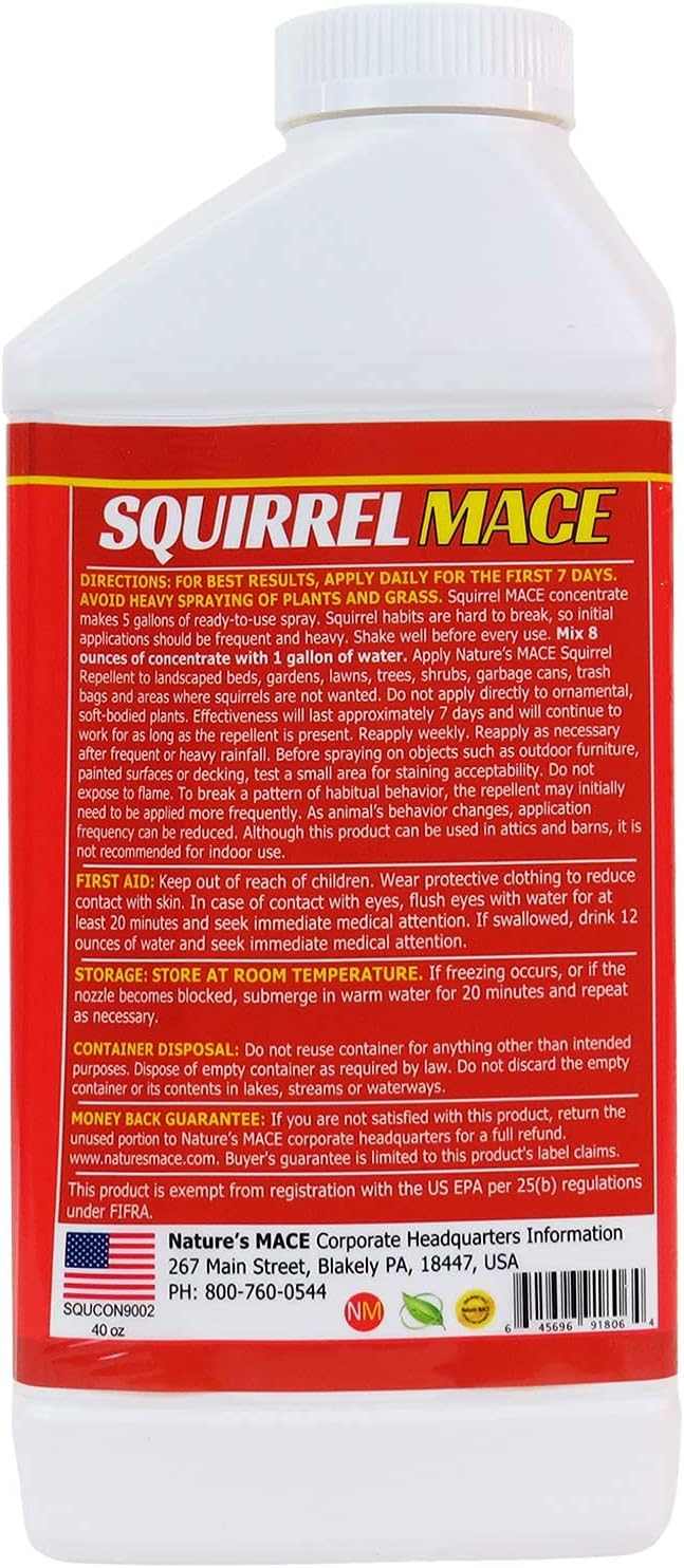 Nature's Mace Squirrel Mace Repellent 40 oz Spray | Squirrel and Chipmunk Repellent, Keep Squirrels Out of Your Garden, Attic, Bird Feeders, Fruit Trees, Plants, Potted Plants.