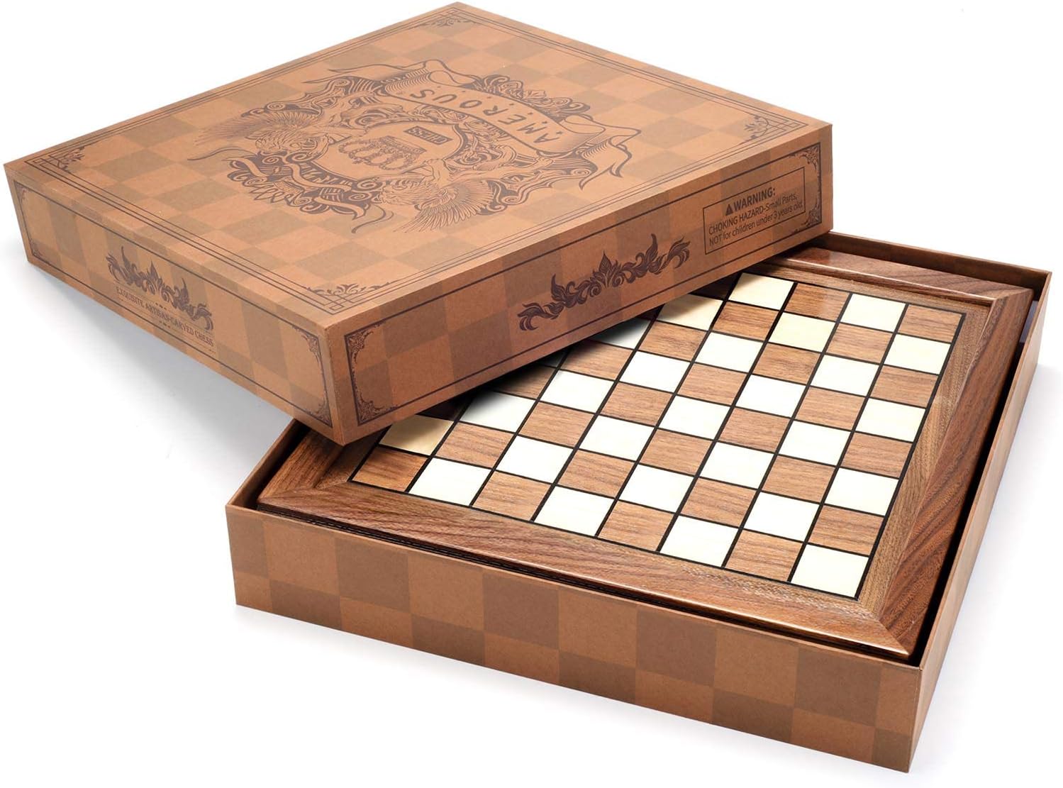 AMEROUS Magnetic Wooden Chess Set, 12.8" x 12.8" Walnut Chess Board Game with 2 Built-in Storage Drawers - 2 Bonus Extra Queens - Chess for Beginner